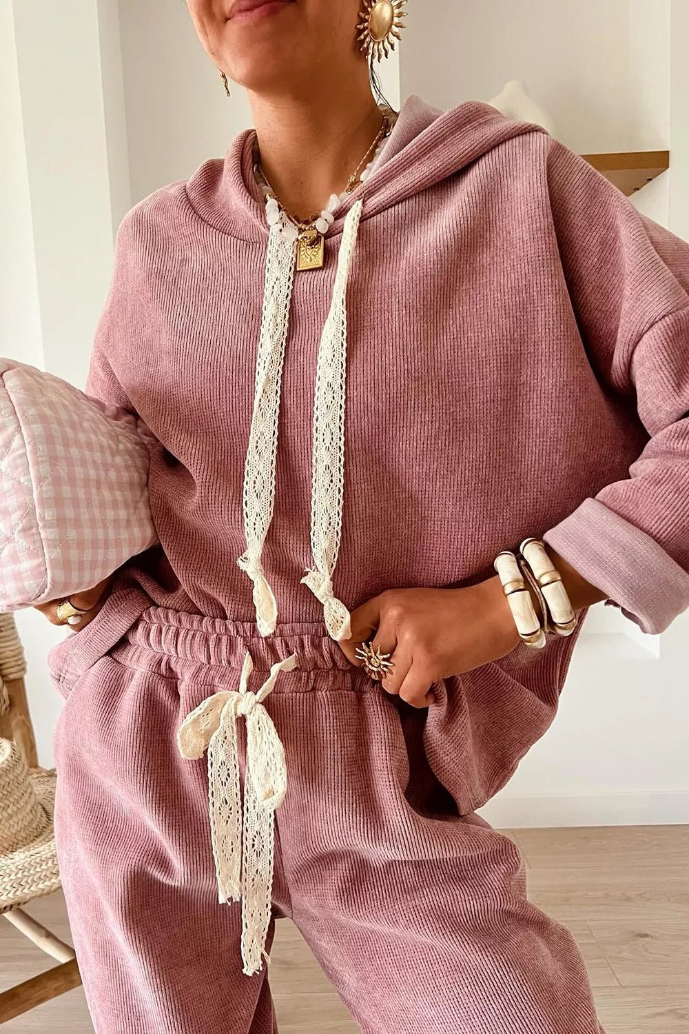 Lace Detail Dropped Shoulder Hoodie and Pants Set - Salt & Stone