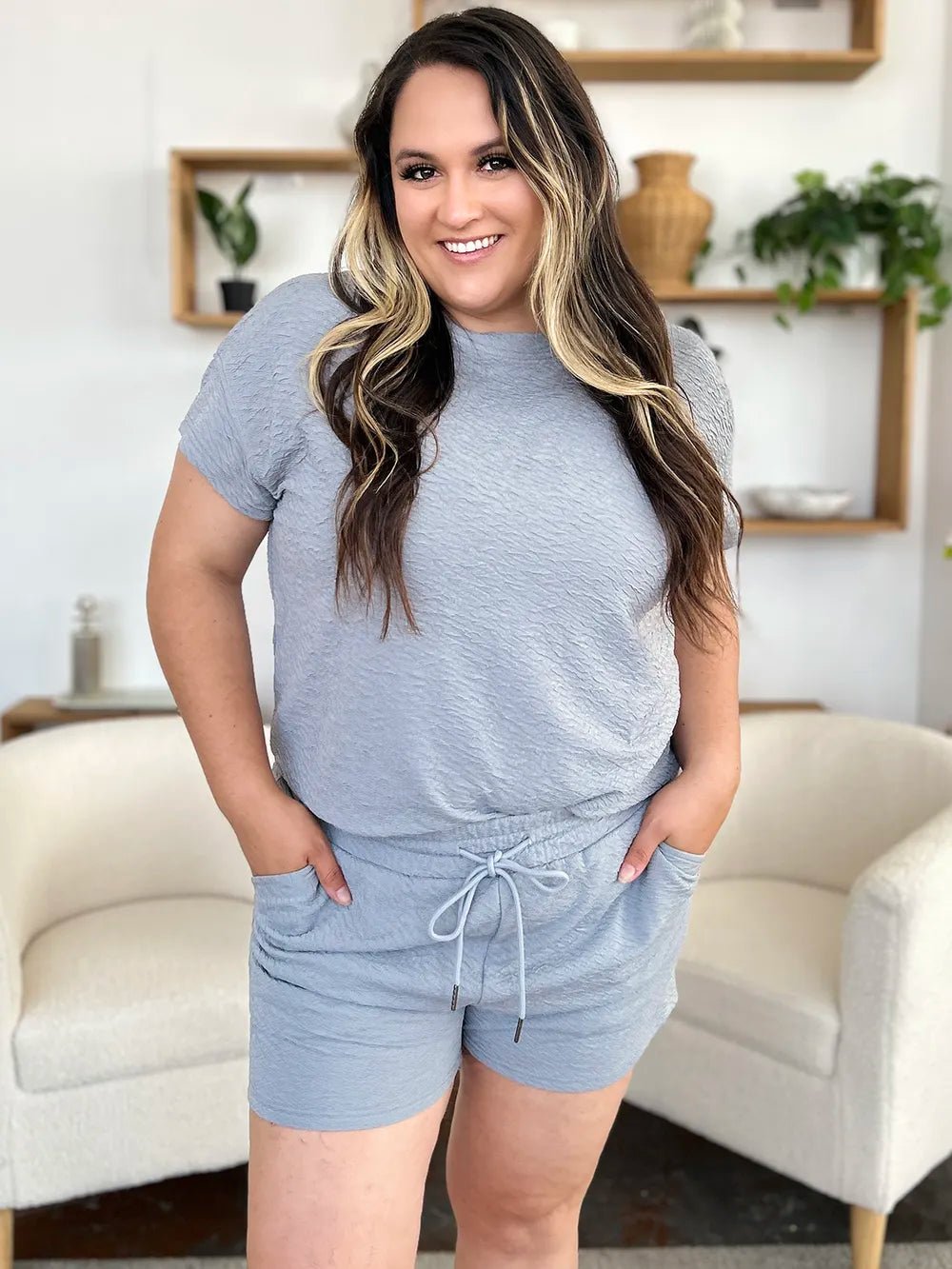 Double Take Full Size Texture Short Sleeve T-Shirt and Drawstring Shorts Set - Salt & Stone