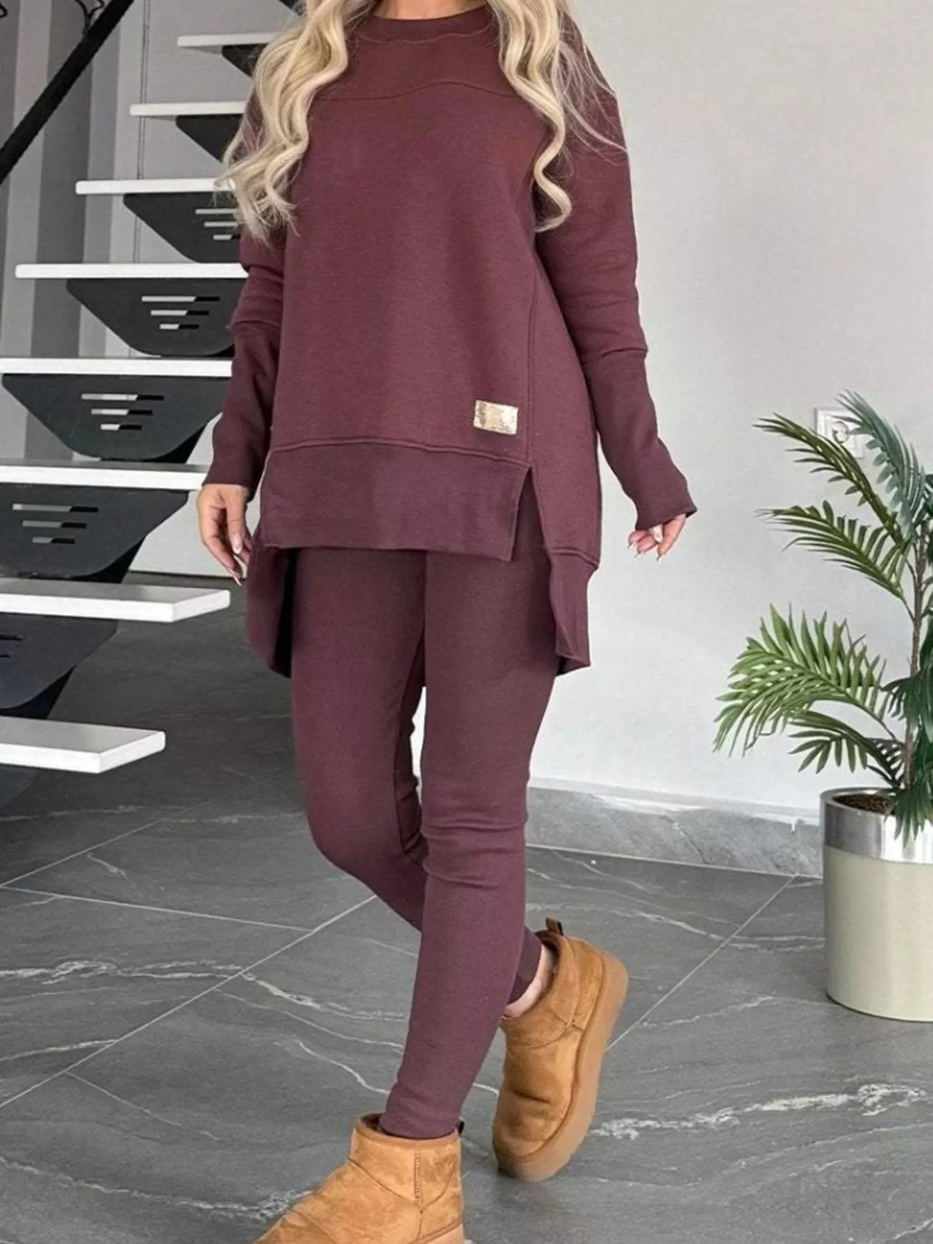 Full Size Slit Round Neck Top and Pants Set Plus Size - Salt & Stone