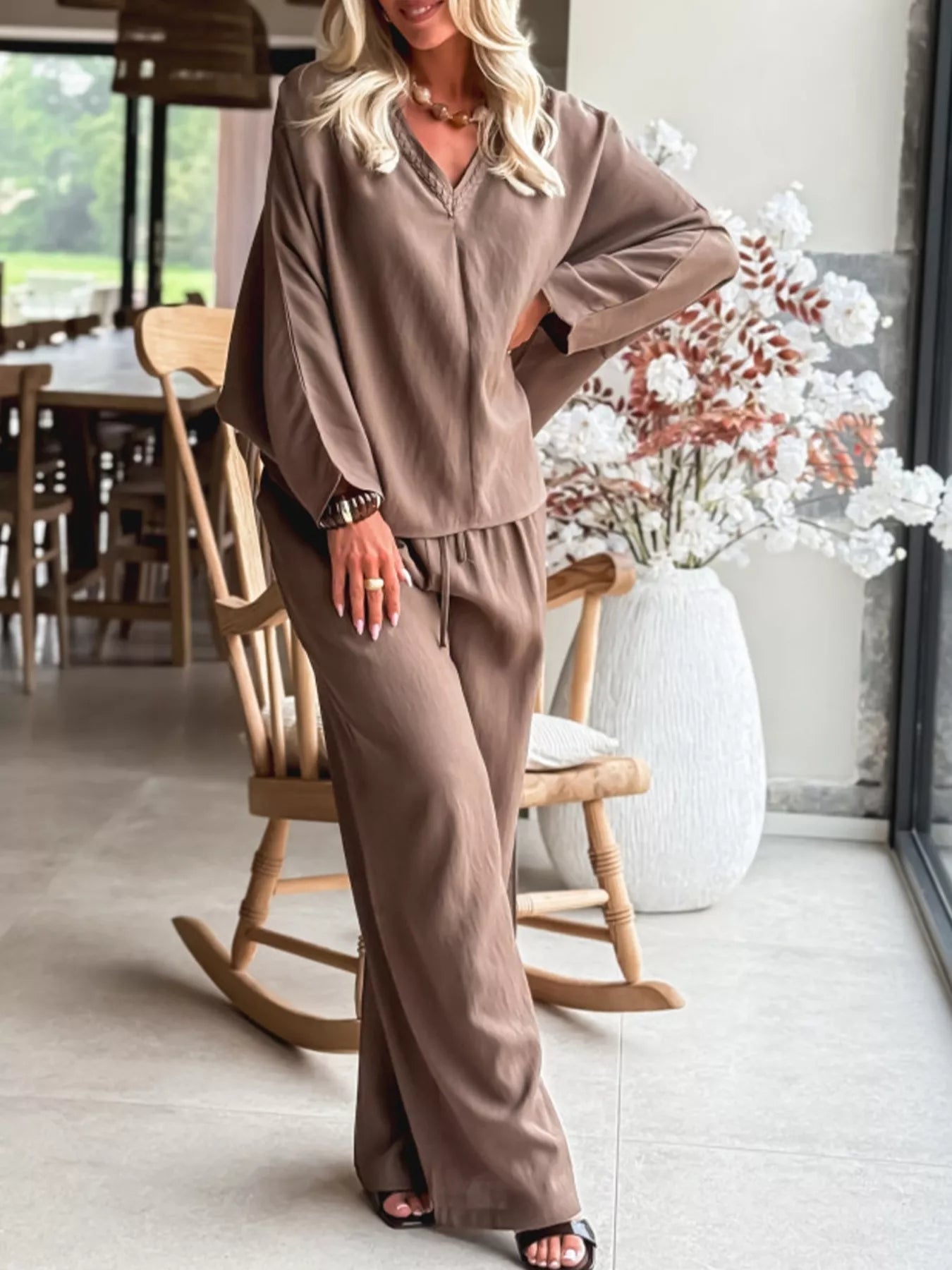 Braided V Neck Long Sleeve Loose Top and Drawstring High Waist Pants 2pcs Outfit - Salt & Stone