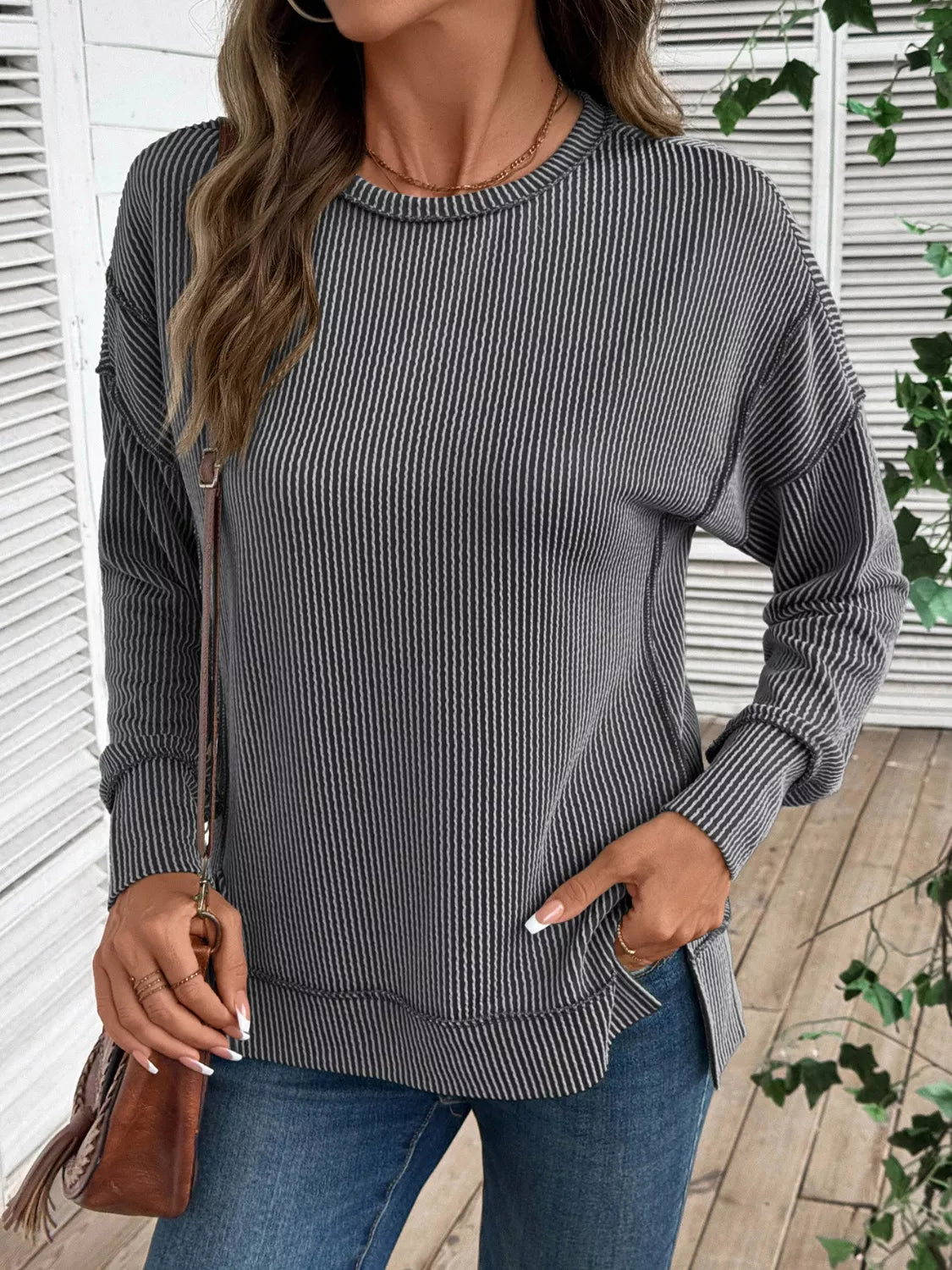Side Slit Round Neck Sweatshirt - Salt & Stone
