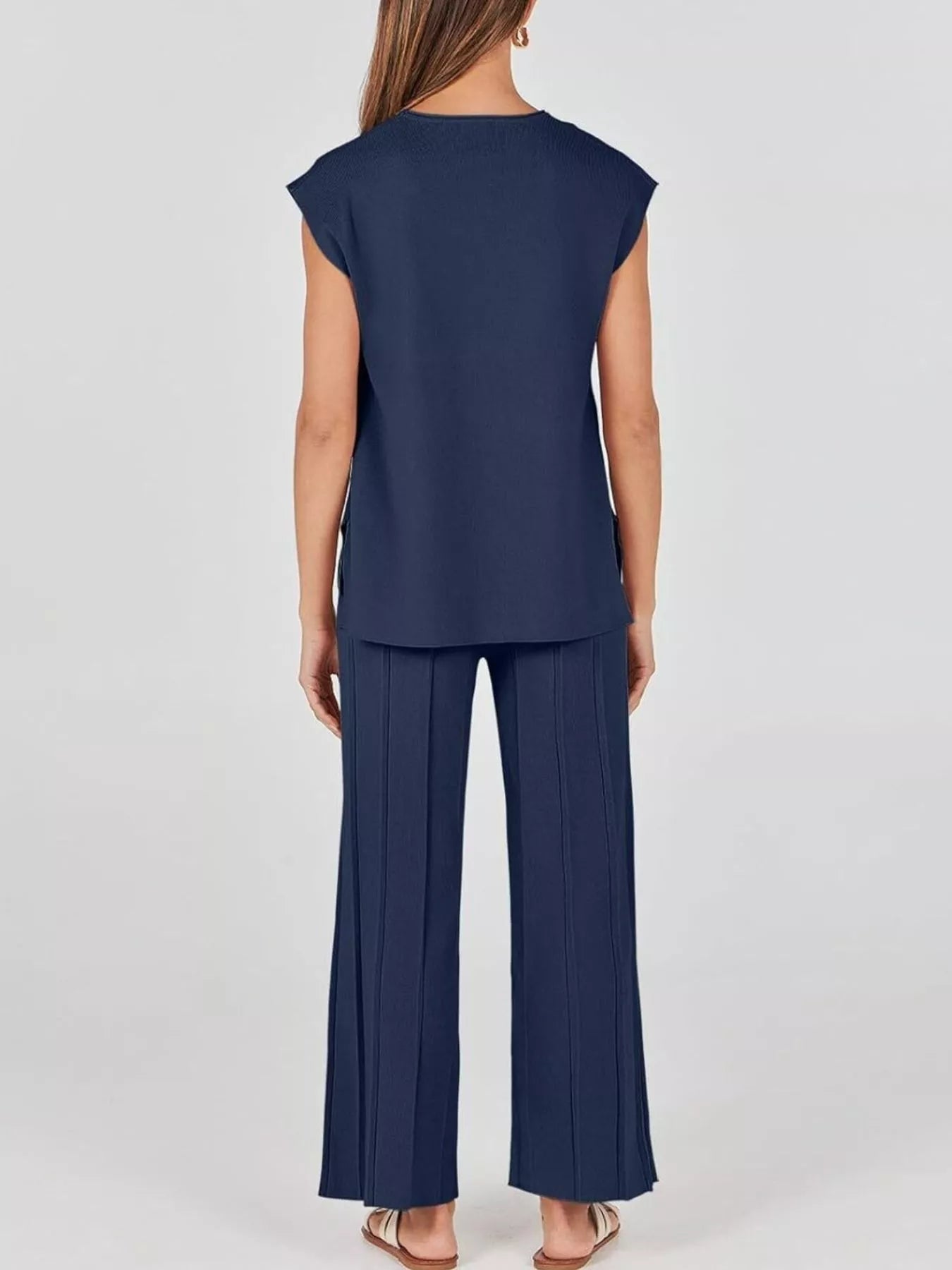 Casual Solid Color Cap Sleeve Top and Pants Knit Set - Salt & Stone