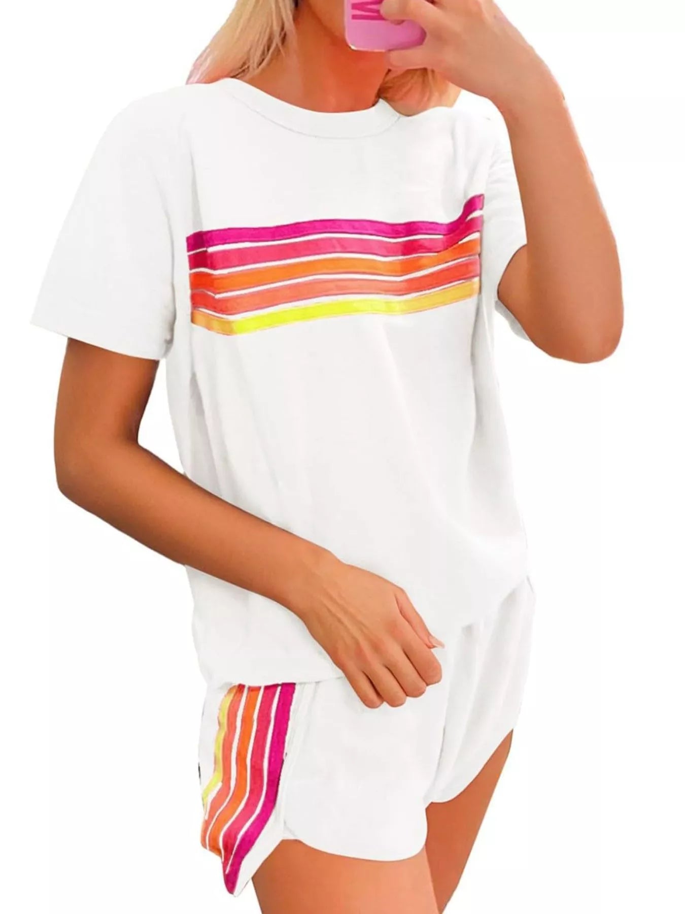 Rainbow Striped Round Neck Top and Shorts Set - Salt & Stone