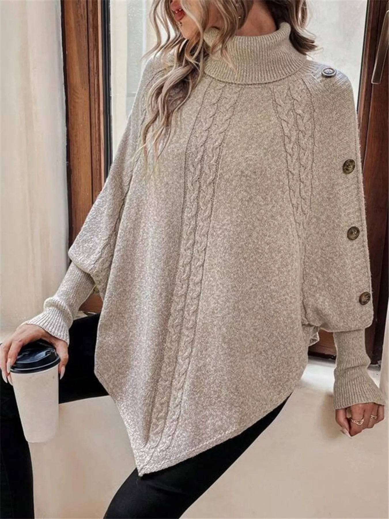 Cable Knit Turtleneck Cape Sweater - Salt & Stone