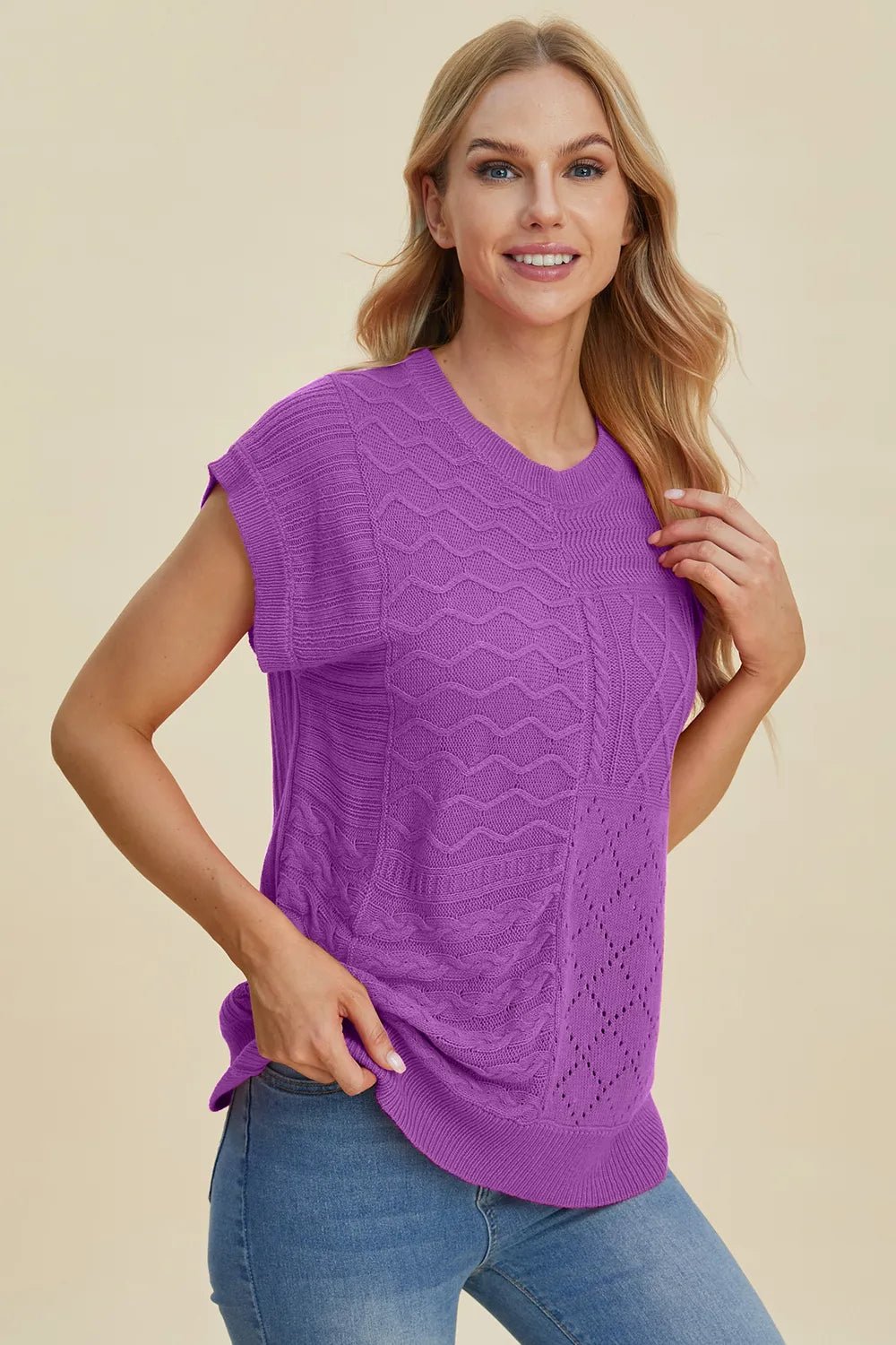 Double Take Full Size Cable - Knit Round Neck Cap Sleeve Sweater - Salt & Stone