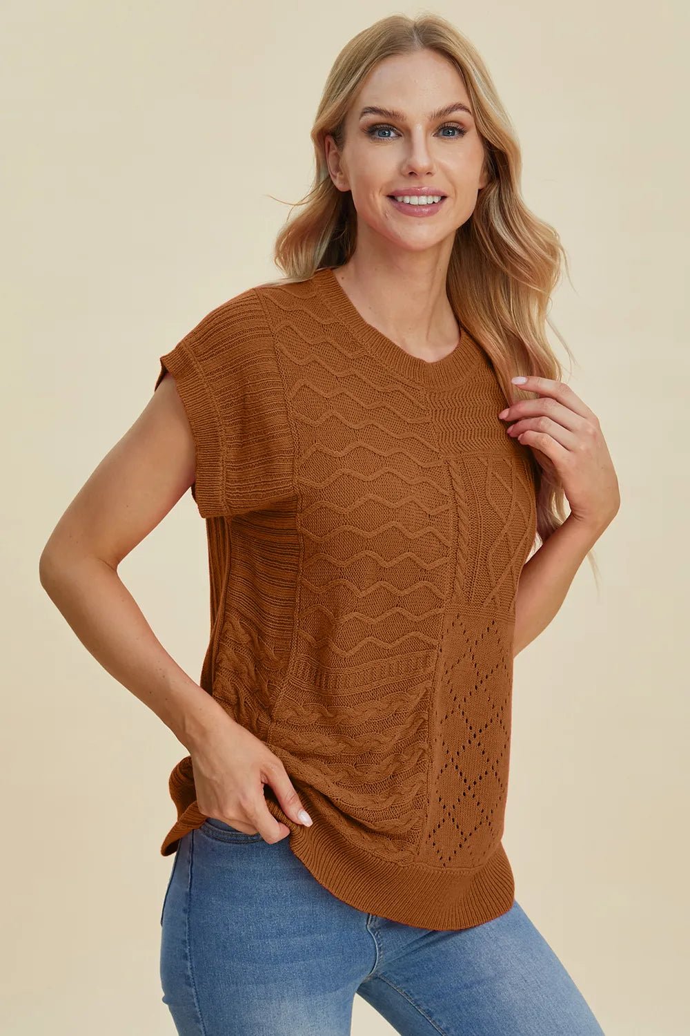 Double Take Full Size Cable - Knit Round Neck Cap Sleeve Sweater - Salt & Stone