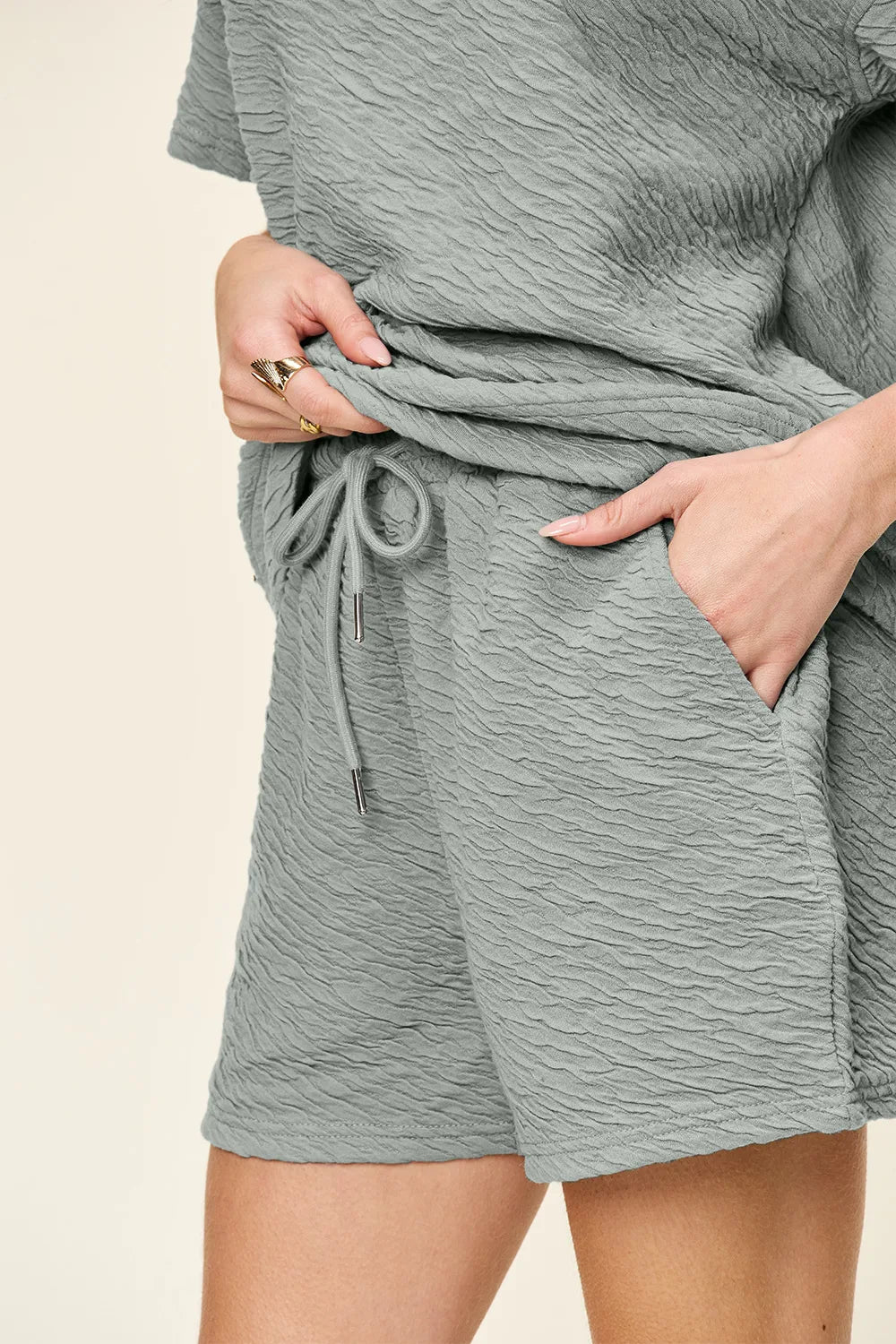 Double Take Full Size Texture Short Sleeve T-Shirt and Drawstring Shorts Set - Salt & Stone