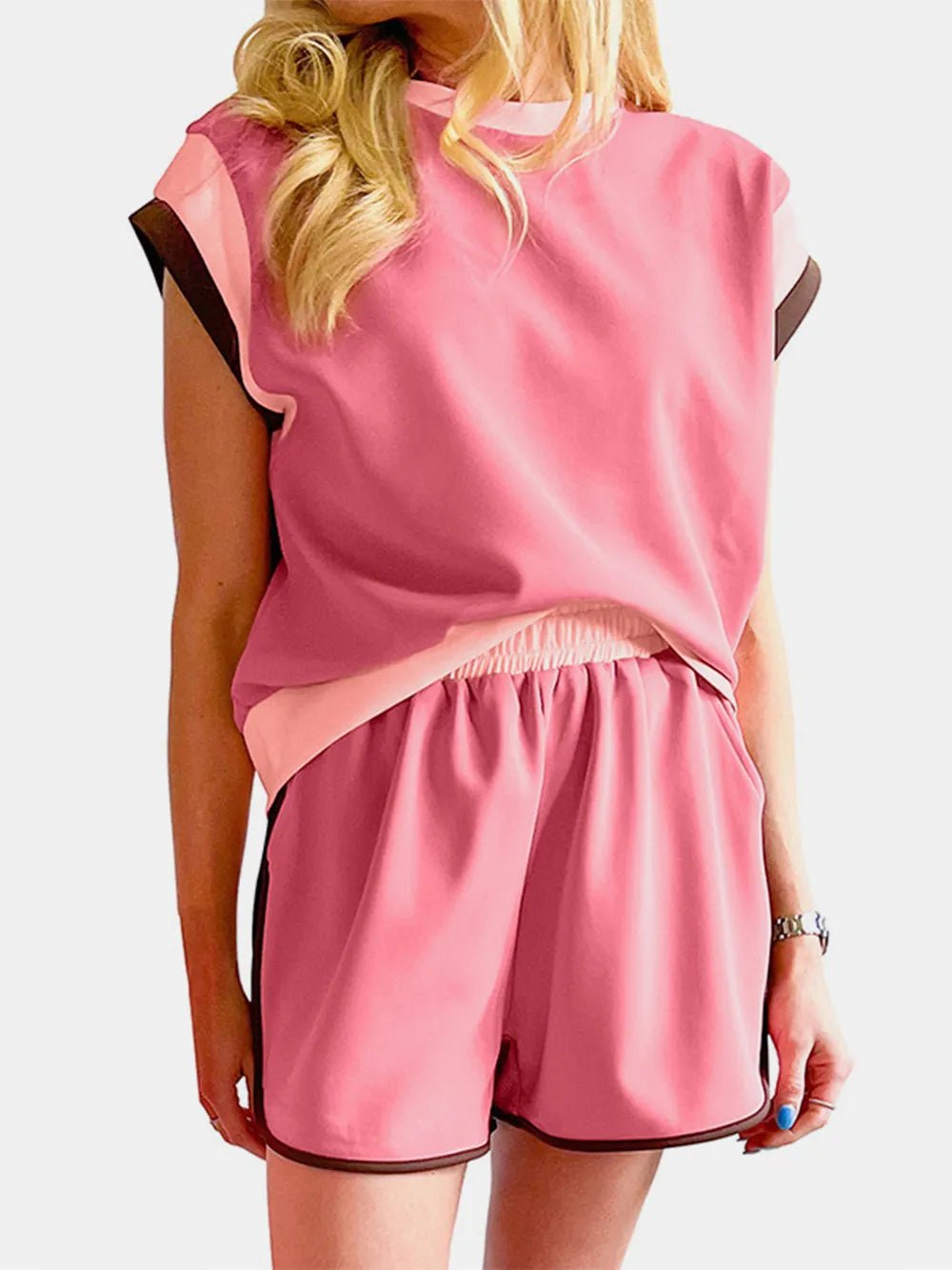 Contrast Round Neck Top and Shorts Set - Salt & Stone