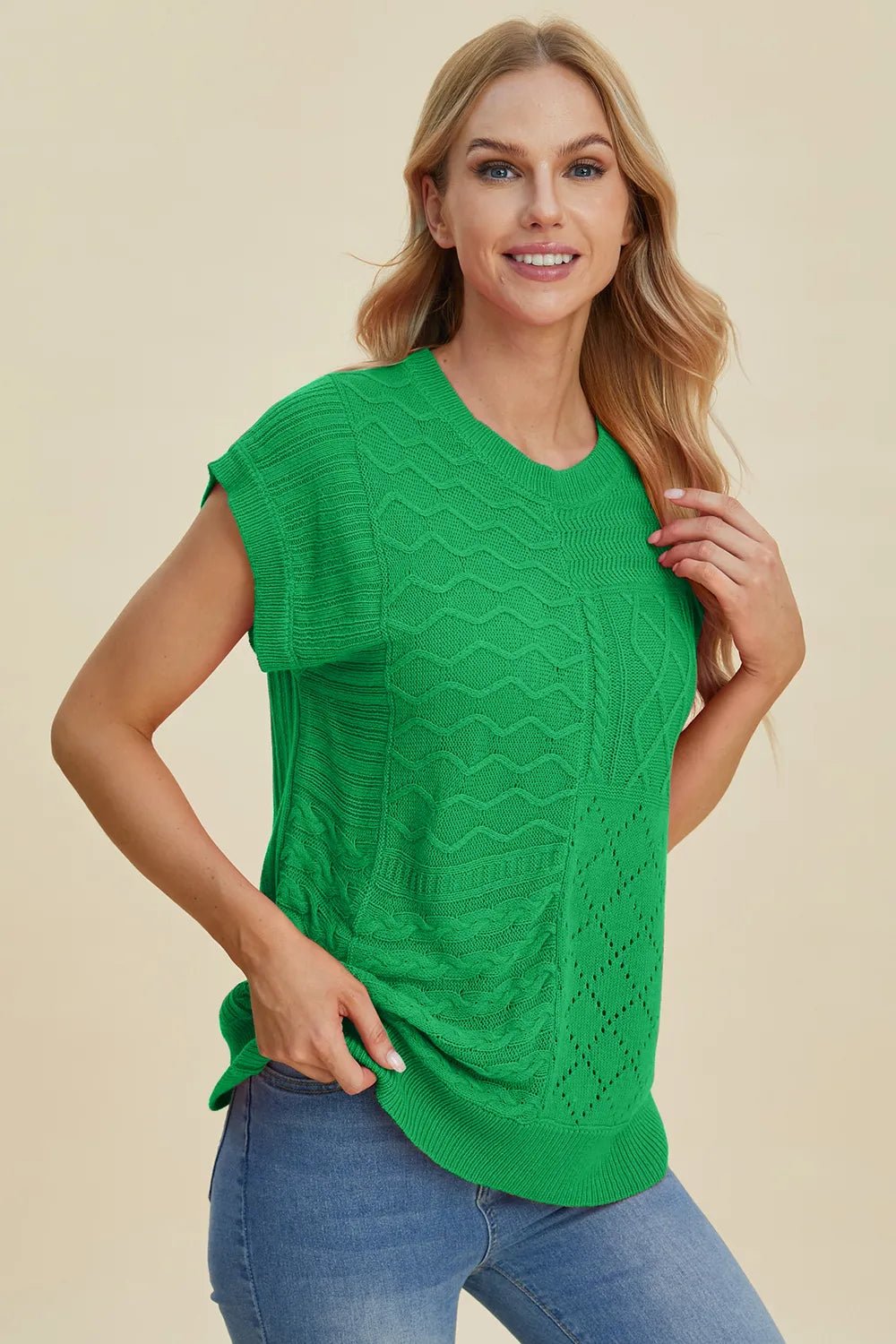 Double Take Full Size Cable - Knit Round Neck Cap Sleeve Sweater - Salt & Stone
