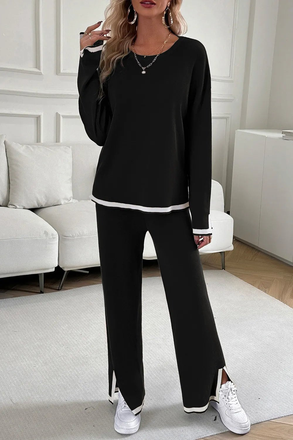 Devine Contrast Trim Round Neck Top and Pants Set - Salt & Stone