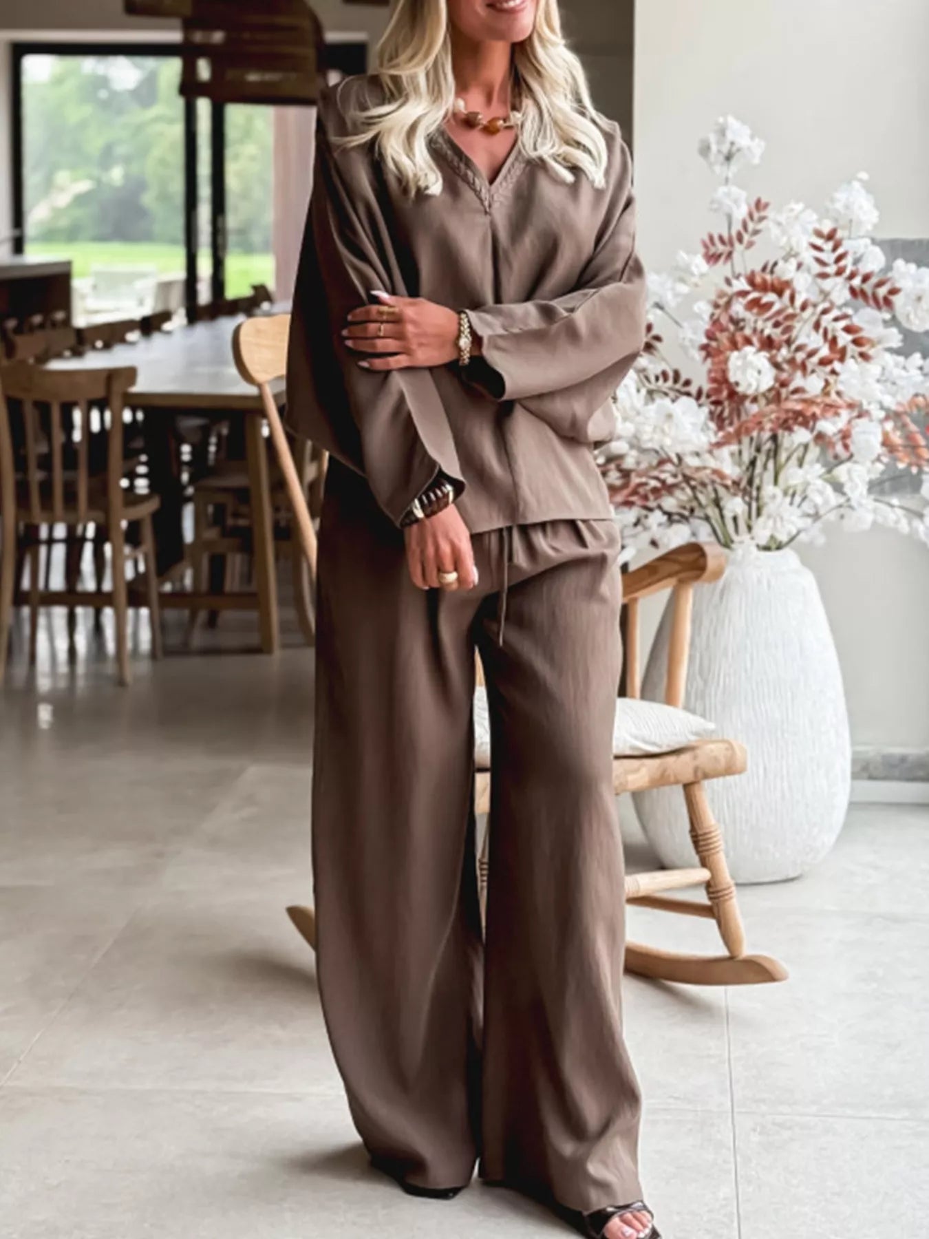 Braided V Neck Long Sleeve Loose Top and Drawstring High Waist Pants 2pcs Outfit - Salt & Stone