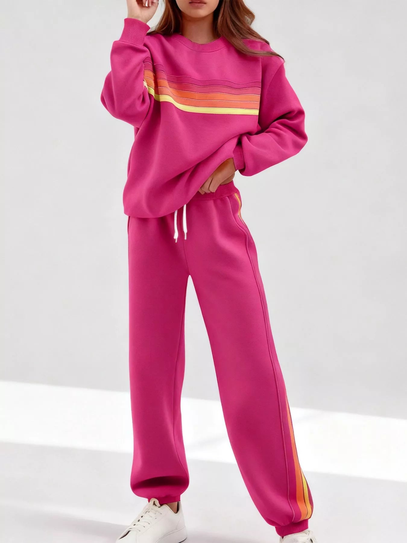Striped Round Neck Sweatshirt and Pants Set - Salt & Stone