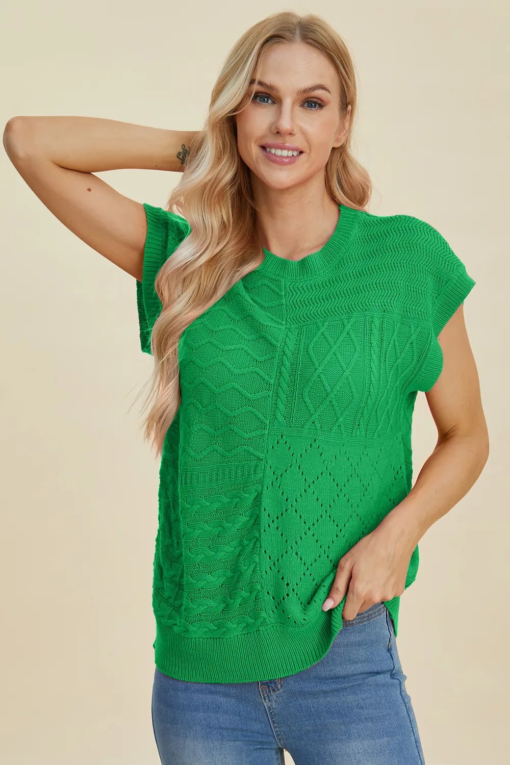 Double Take Full Size Cable - Knit Round Neck Cap Sleeve Sweater - Salt & Stone