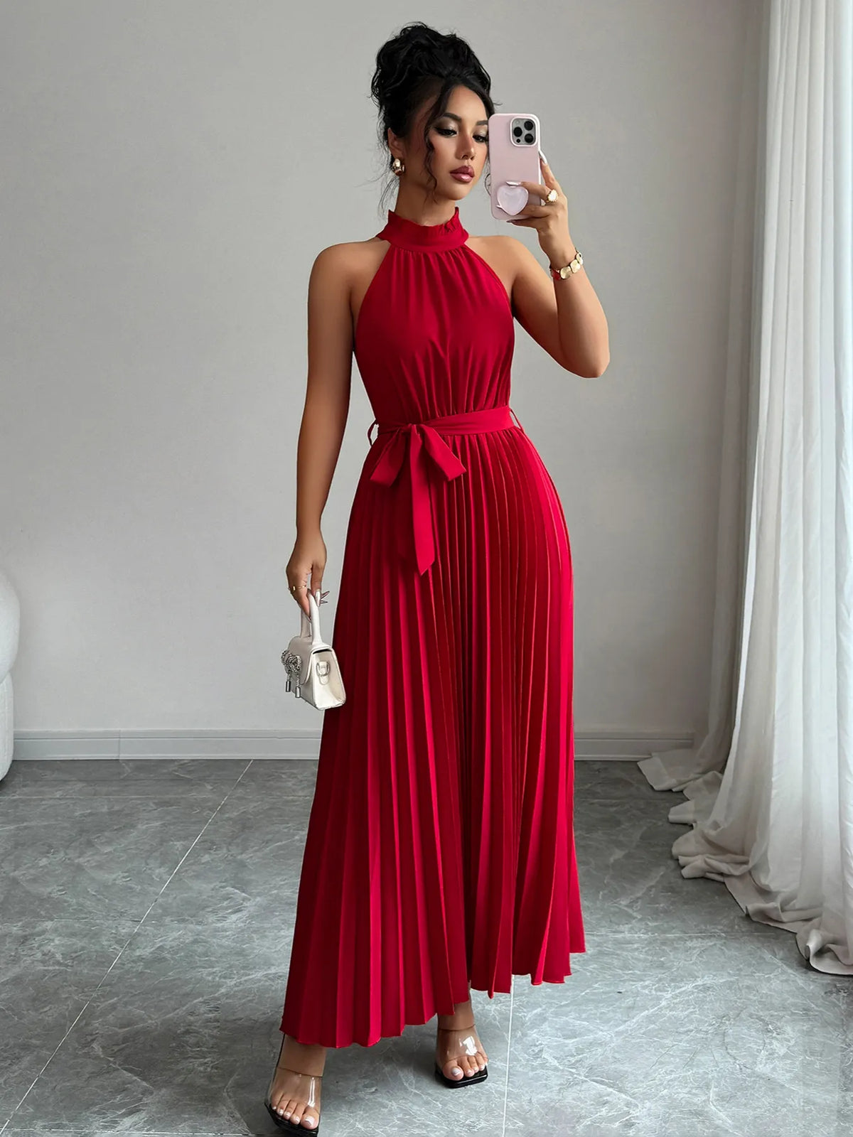 Pleated Halter Neck Tie Waist Maxi Dress - Salt & Stone