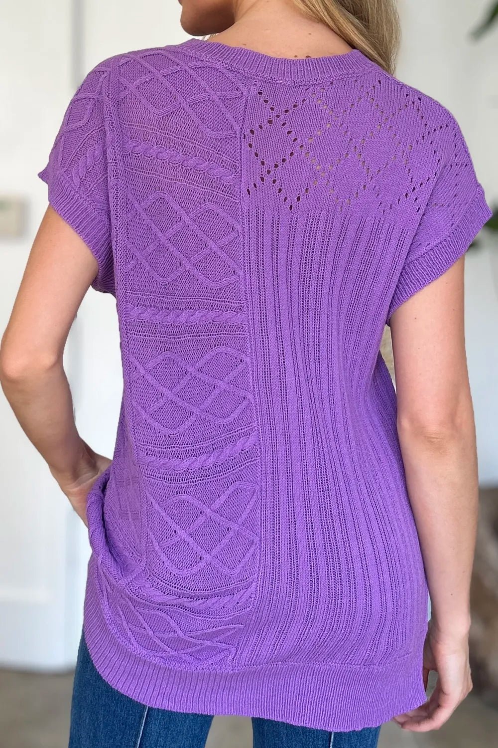 Double Take Full Size Cable - Knit Round Neck Cap Sleeve Sweater - Salt & Stone