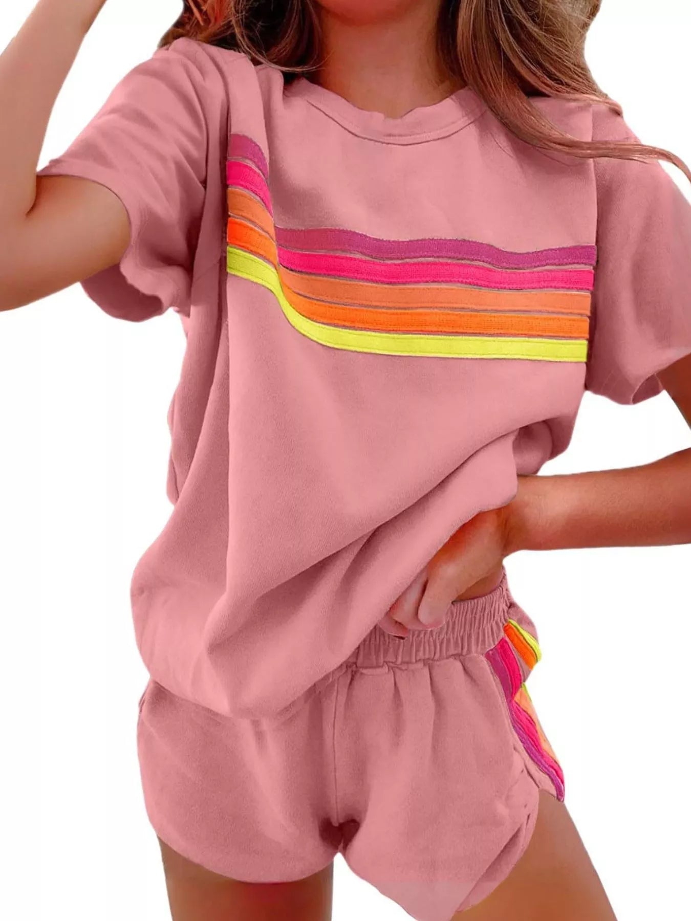 Rainbow Striped Round Neck Top and Shorts Set - Salt & Stone