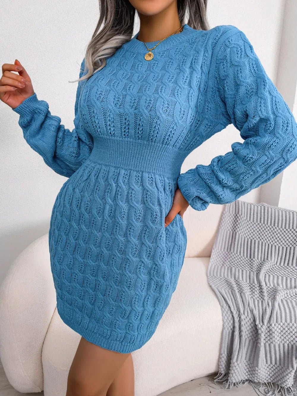 Cable - Knit Round Neck Mini Wrap Sweater Dress - Salt & Stone