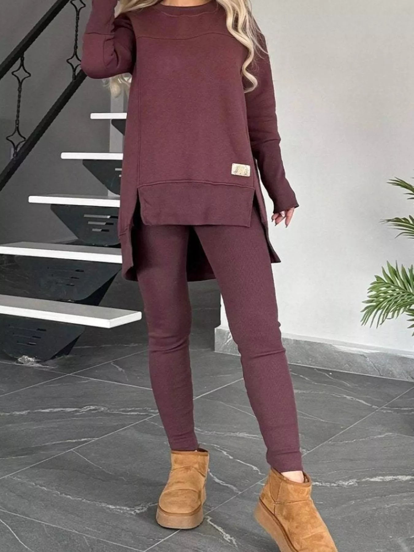 Full Size Slit Round Neck Top and Pants Set Plus Size - Salt & Stone