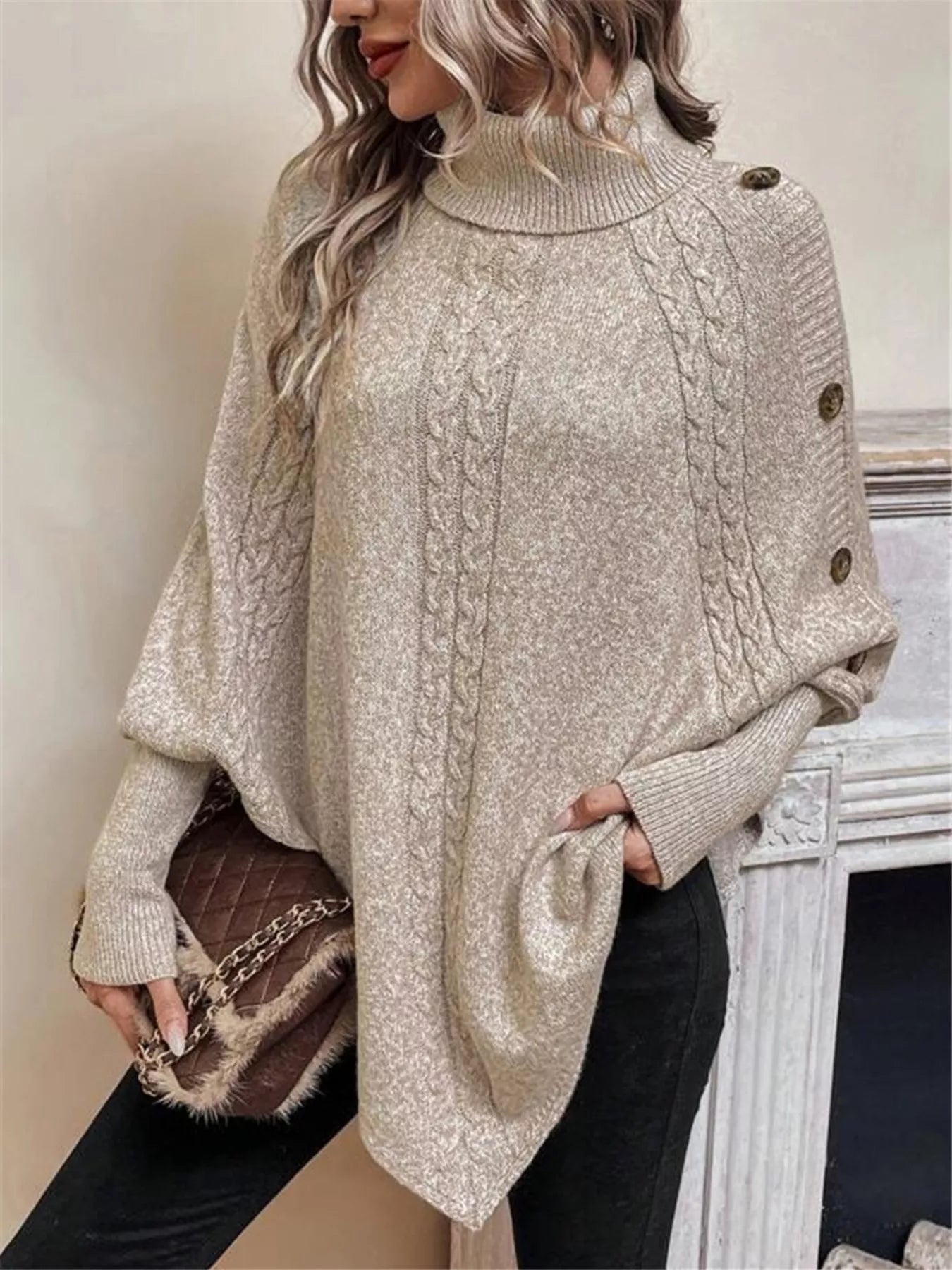 Cable Knit Turtleneck Cape Sweater - Salt & Stone