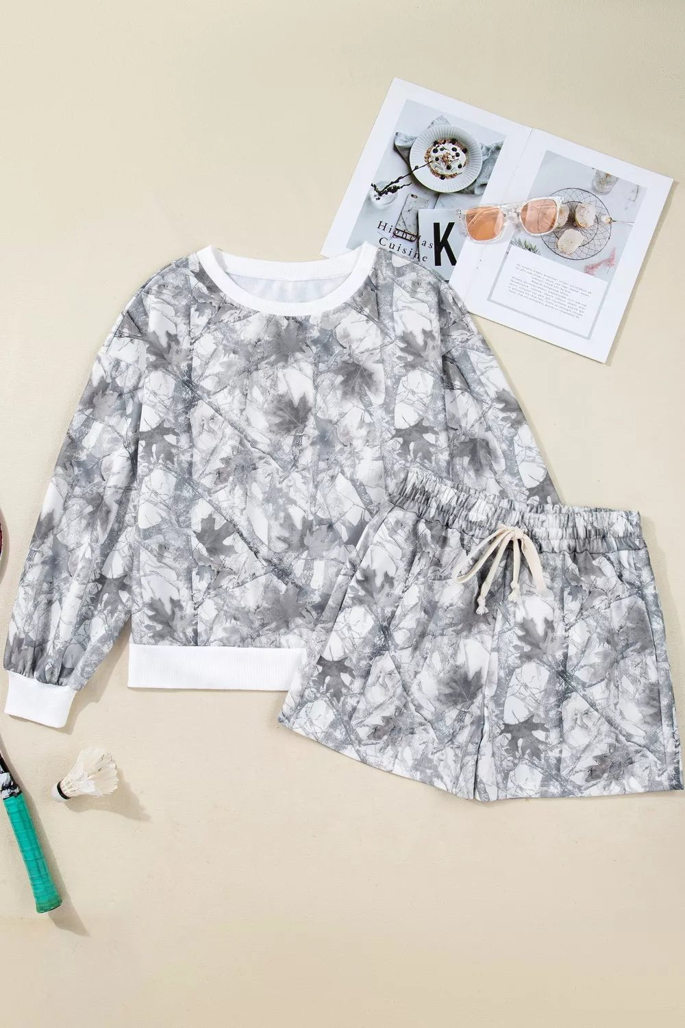 Abstract Woodland Camo Print Baggy Pullover Drawstring Shorts Set - Salt & Stone