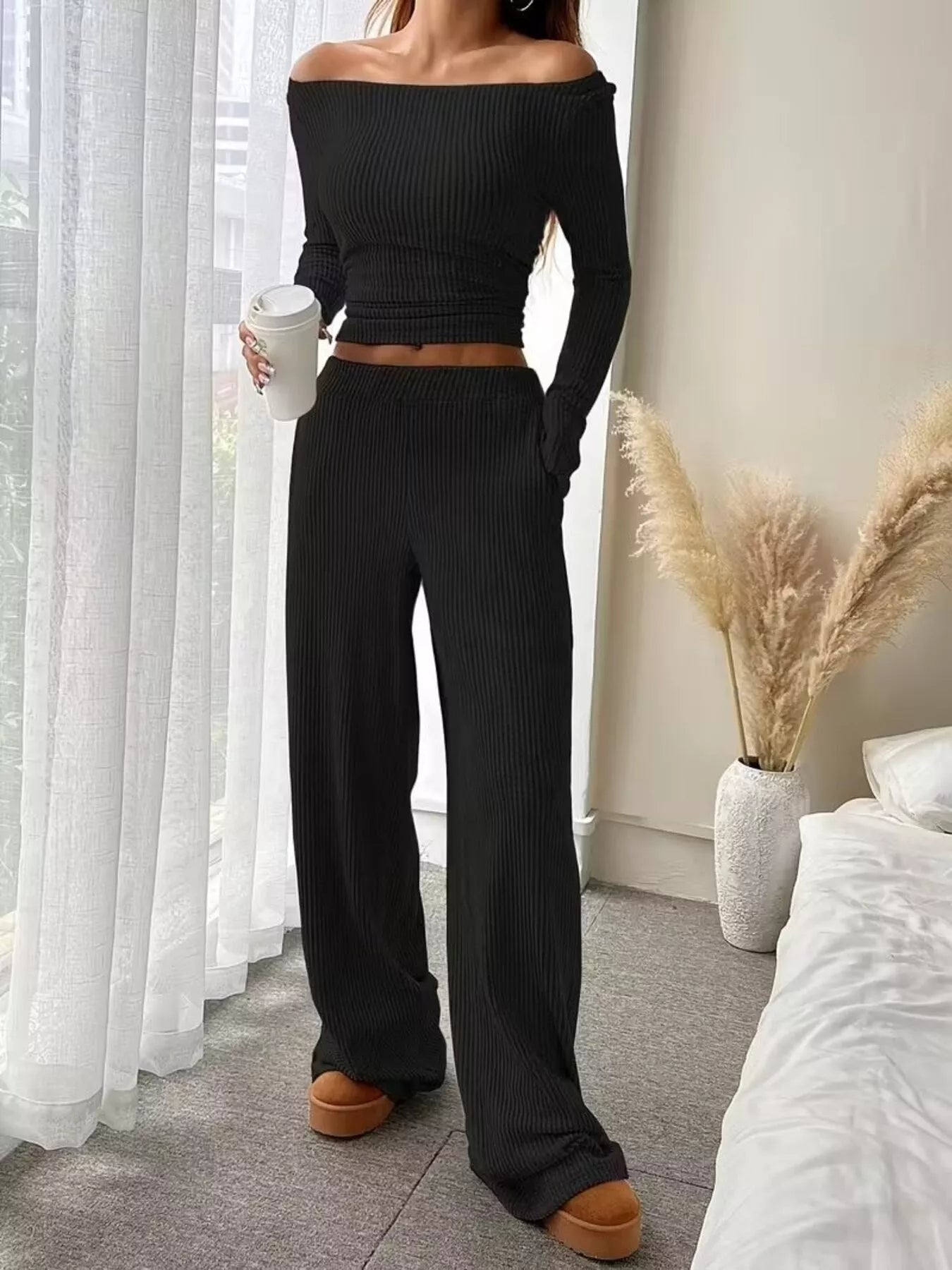 Ribbed Knit Boat Neck Top and Pants Set - Salt & Stone