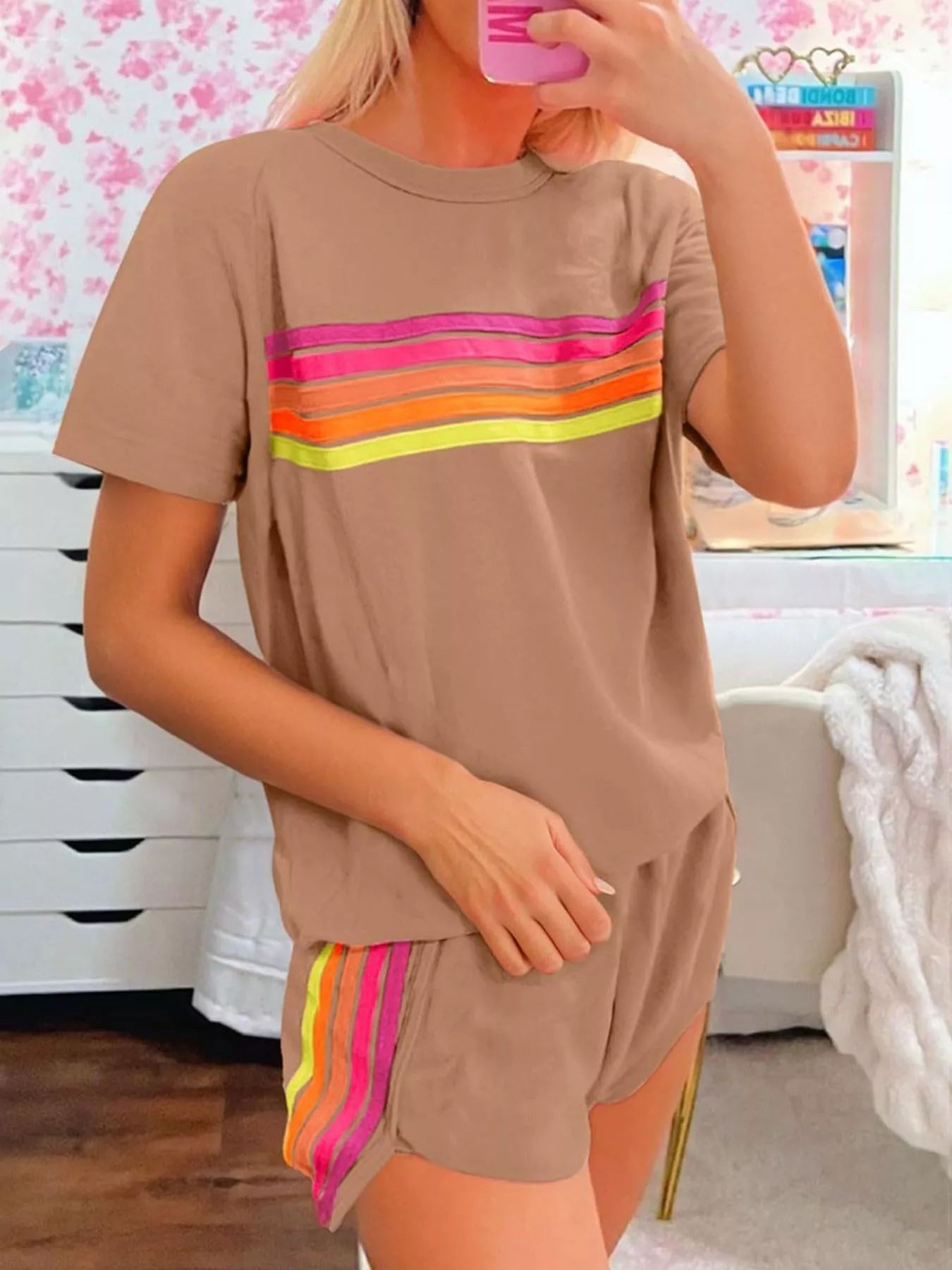 Rainbow Striped Round Neck Top and Shorts Set - Salt & Stone