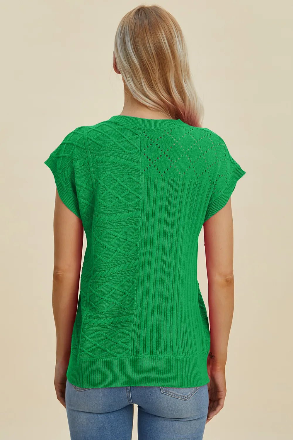 Double Take Full Size Cable - Knit Round Neck Cap Sleeve Sweater - Salt & Stone