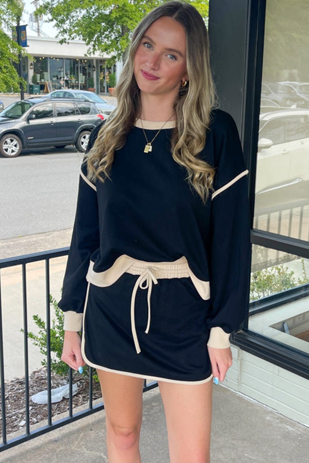 Black Color Contrast Loose Pullover and Lace - up Waist Skort Set - Salt & Stone