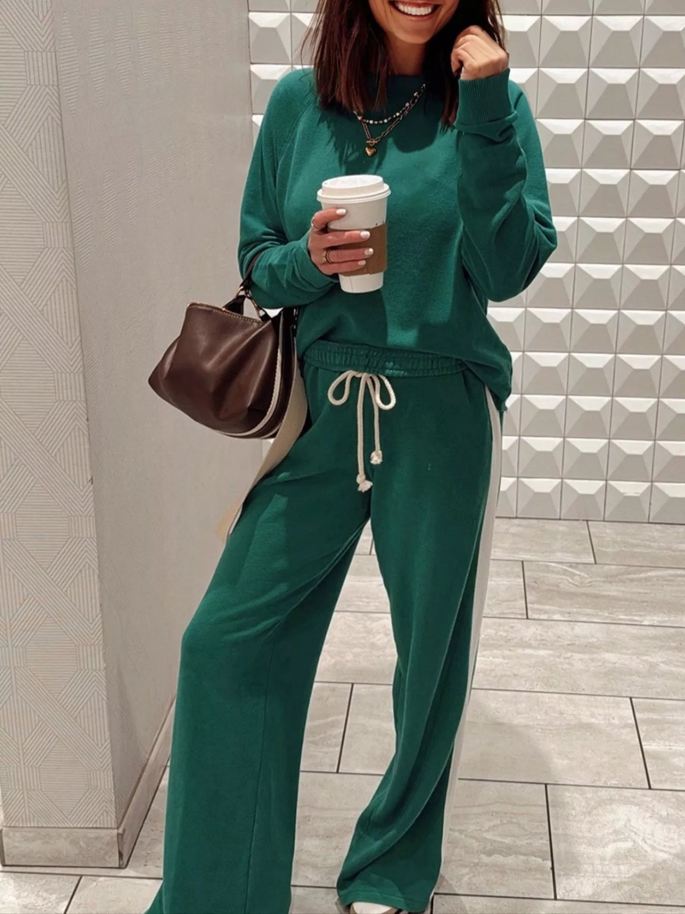 Round Neck Top and Stripe Detail Drawstring Pants Set - Salt & Stone