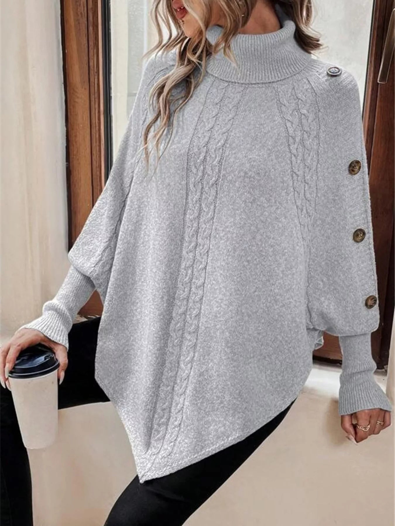 Cable Knit Turtleneck Cape Sweater - Salt & Stone