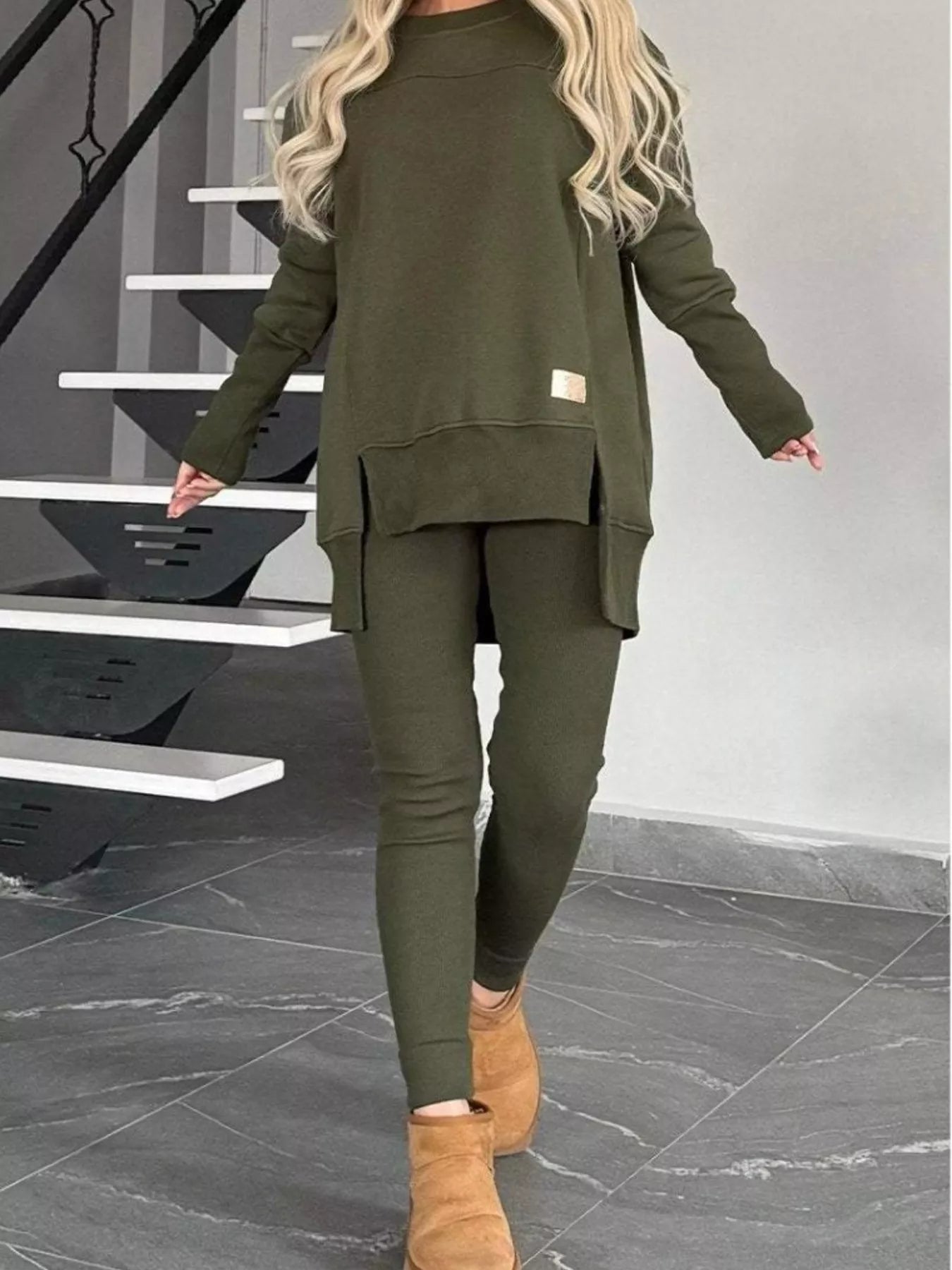 Full Size Slit Round Neck Top and Pants Set Plus Size - Salt & Stone
