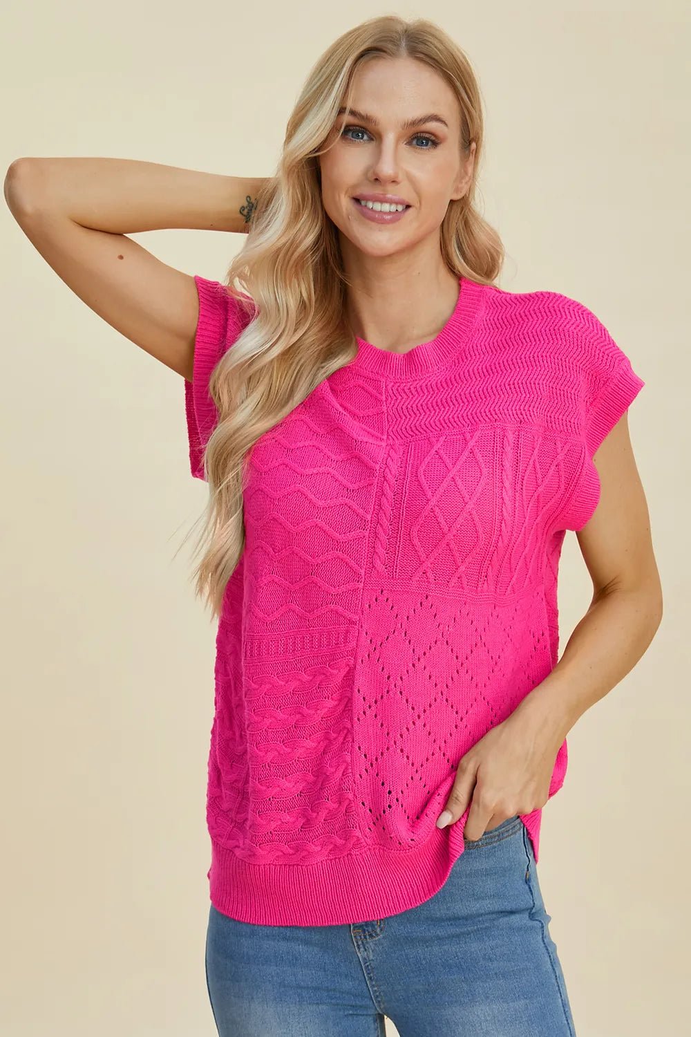 Double Take Full Size Cable - Knit Round Neck Cap Sleeve Sweater - Salt & Stone