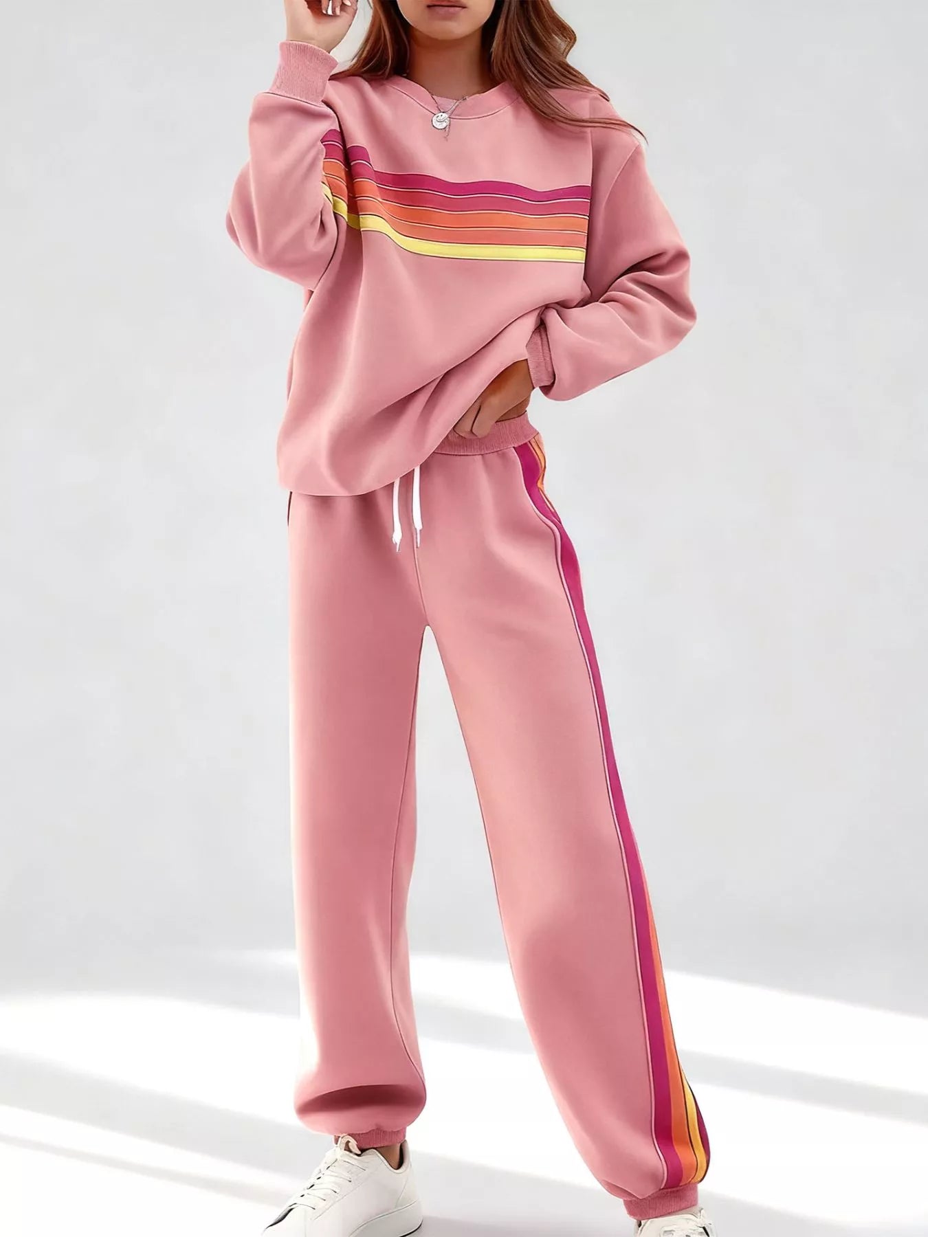 Striped Round Neck Sweatshirt and Pants Set - Salt & Stone