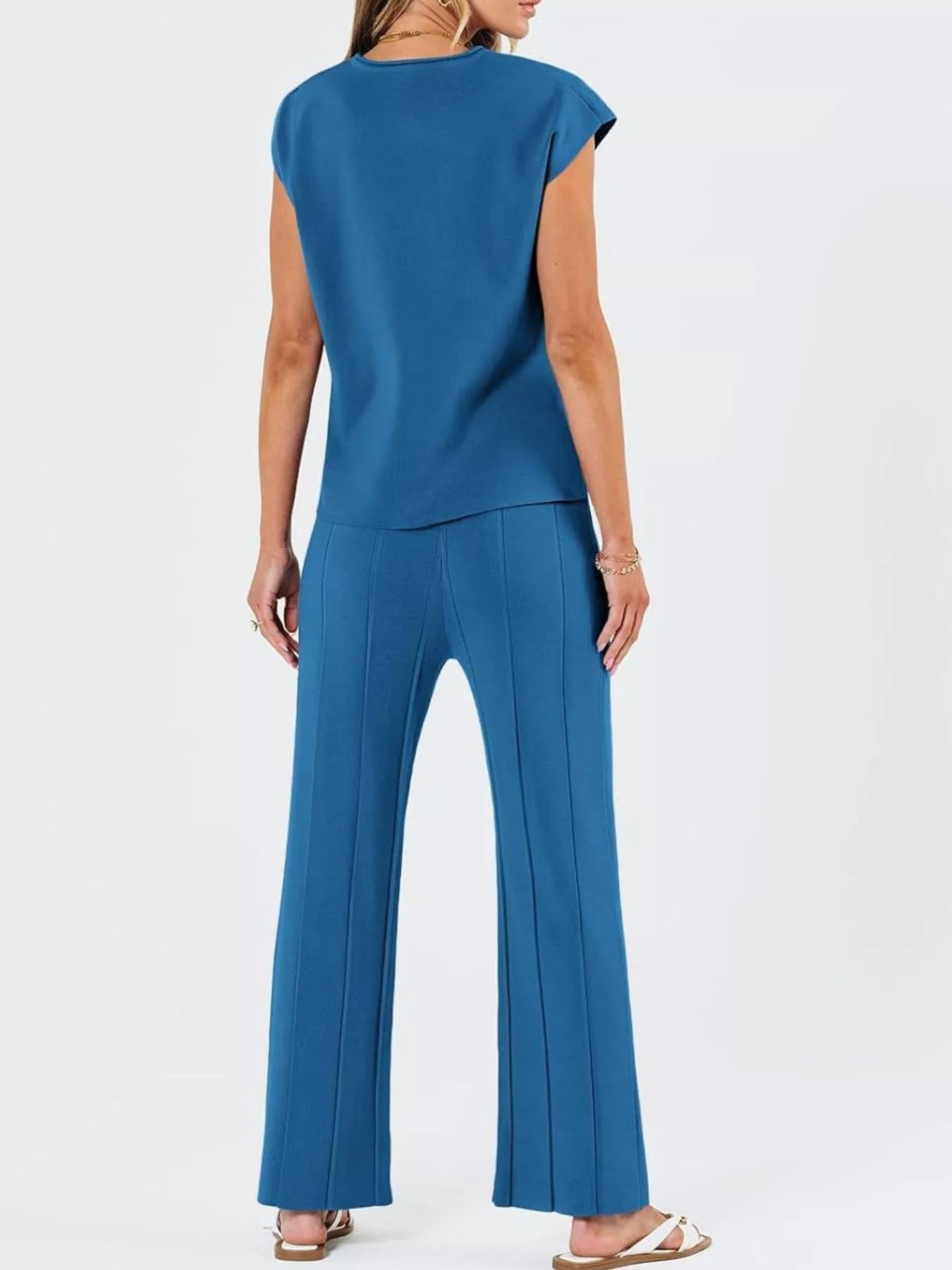 Casual Solid Color Cap Sleeve Top and Pants Knit Set - Salt & Stone