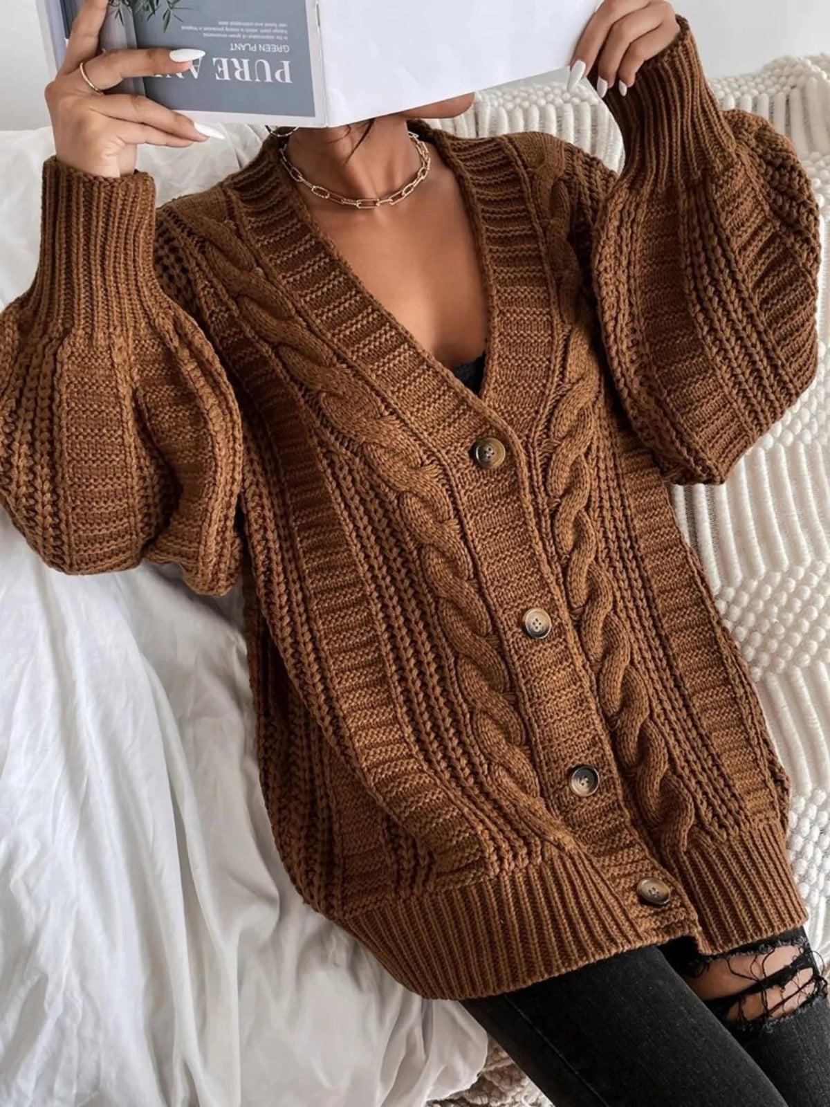 Chunky Knit Cable Knit Button-Up Cardigan - Salt & Stone