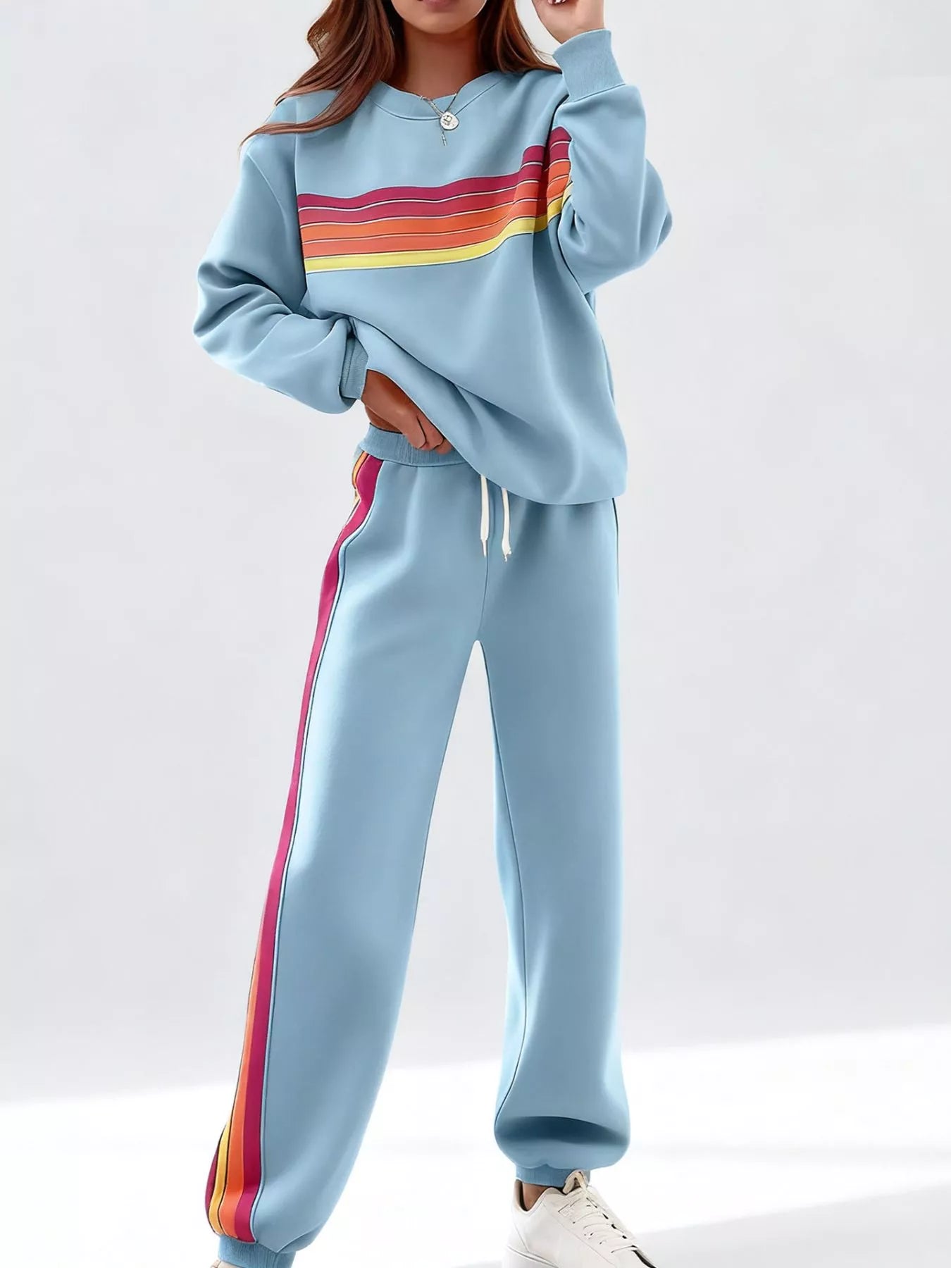 Striped Round Neck Sweatshirt and Pants Set - Salt & Stone
