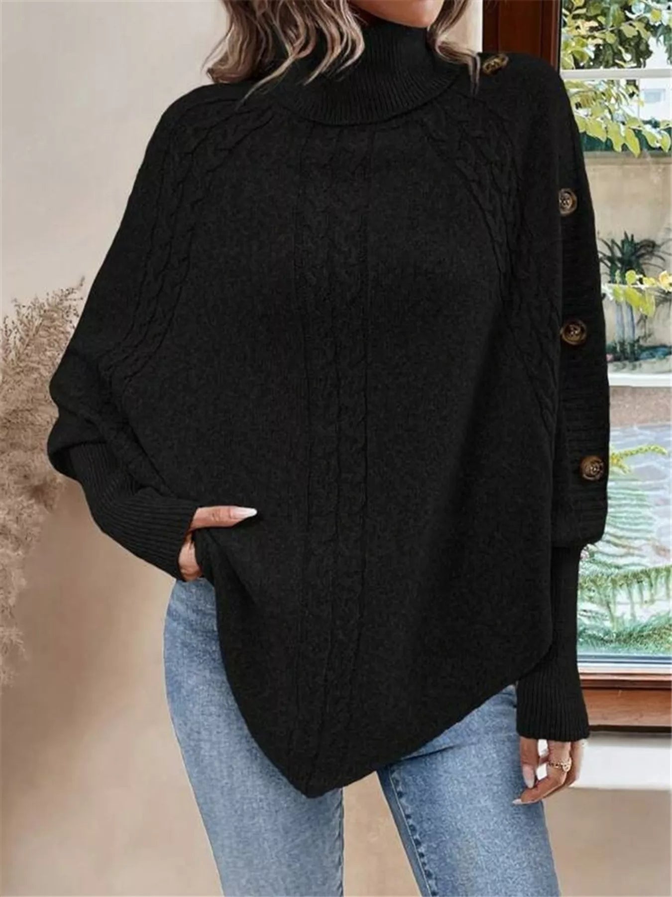 Cable Knit Turtleneck Cape Sweater - Salt & Stone
