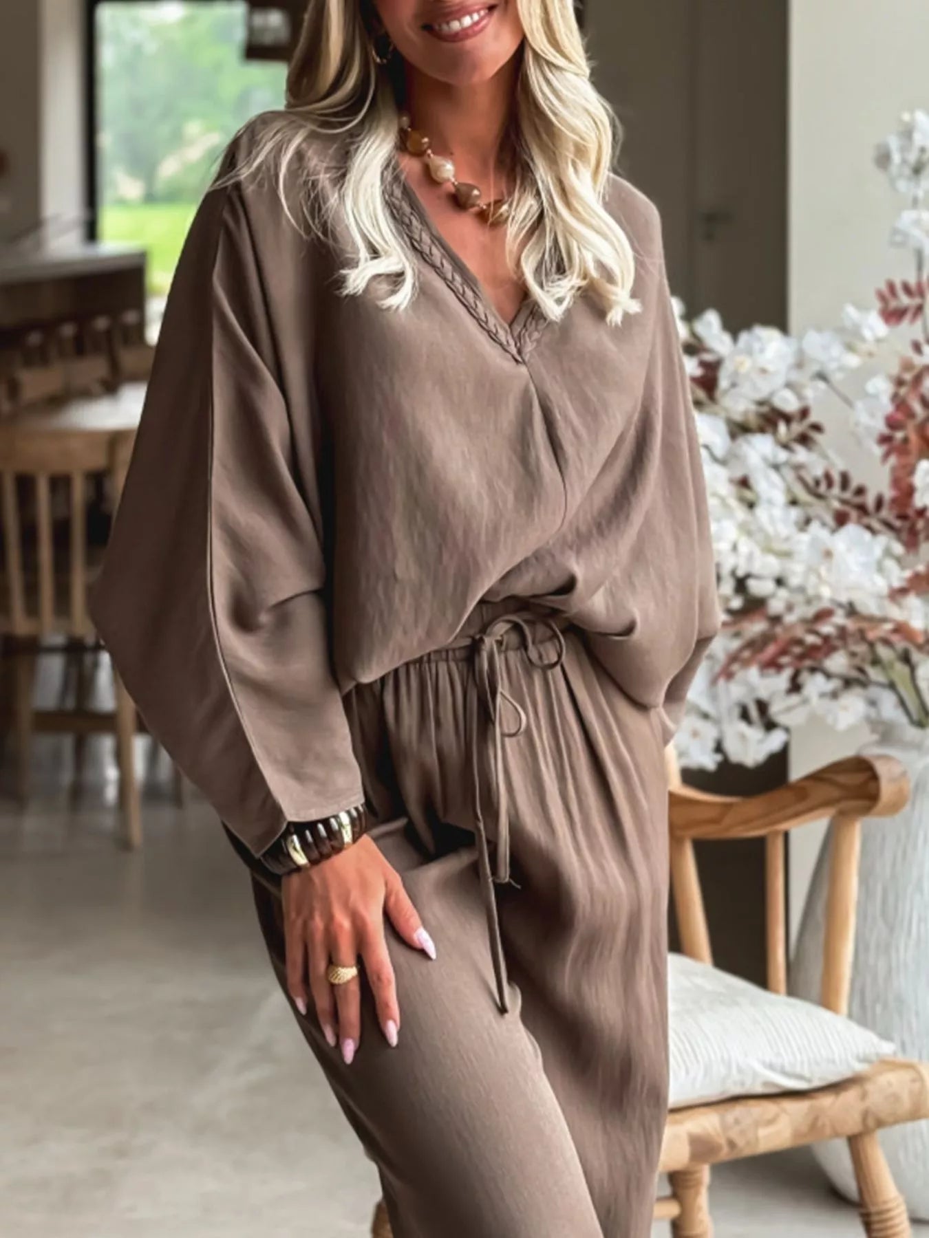 Braided V Neck Long Sleeve Loose Top and Drawstring High Waist Pants 2pcs Outfit - Salt & Stone