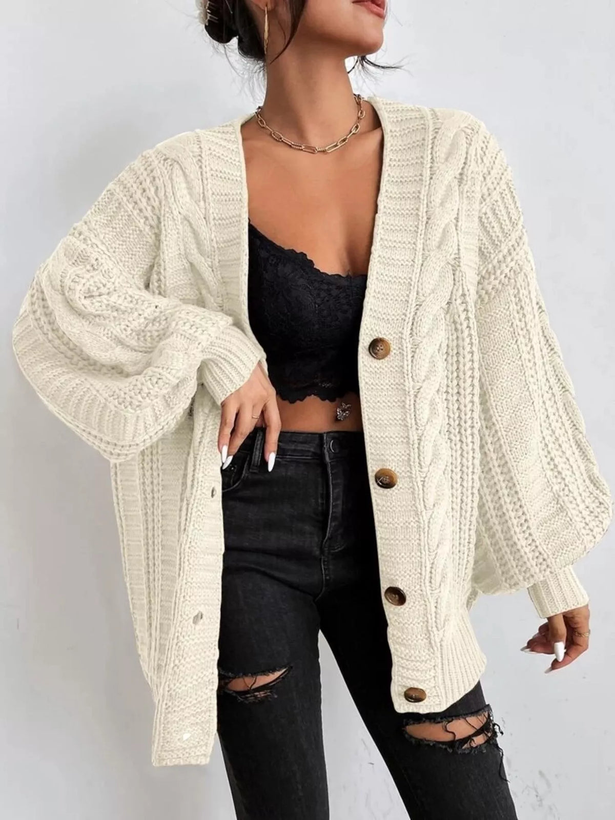 Chunky Knit Cable Knit Button-Up Cardigan - Salt & Stone