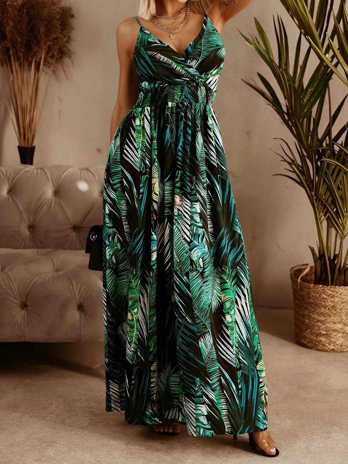 Smocked Printed Surplice Maxi Cami Dress - Salt & Stone