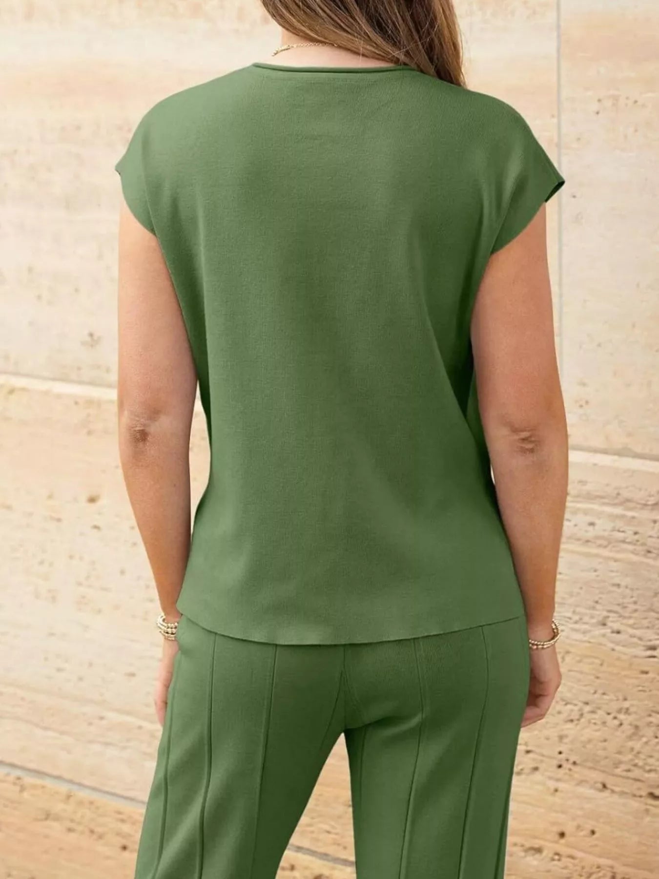Casual Solid Color Cap Sleeve Top and Pants Knit Set - Salt & Stone
