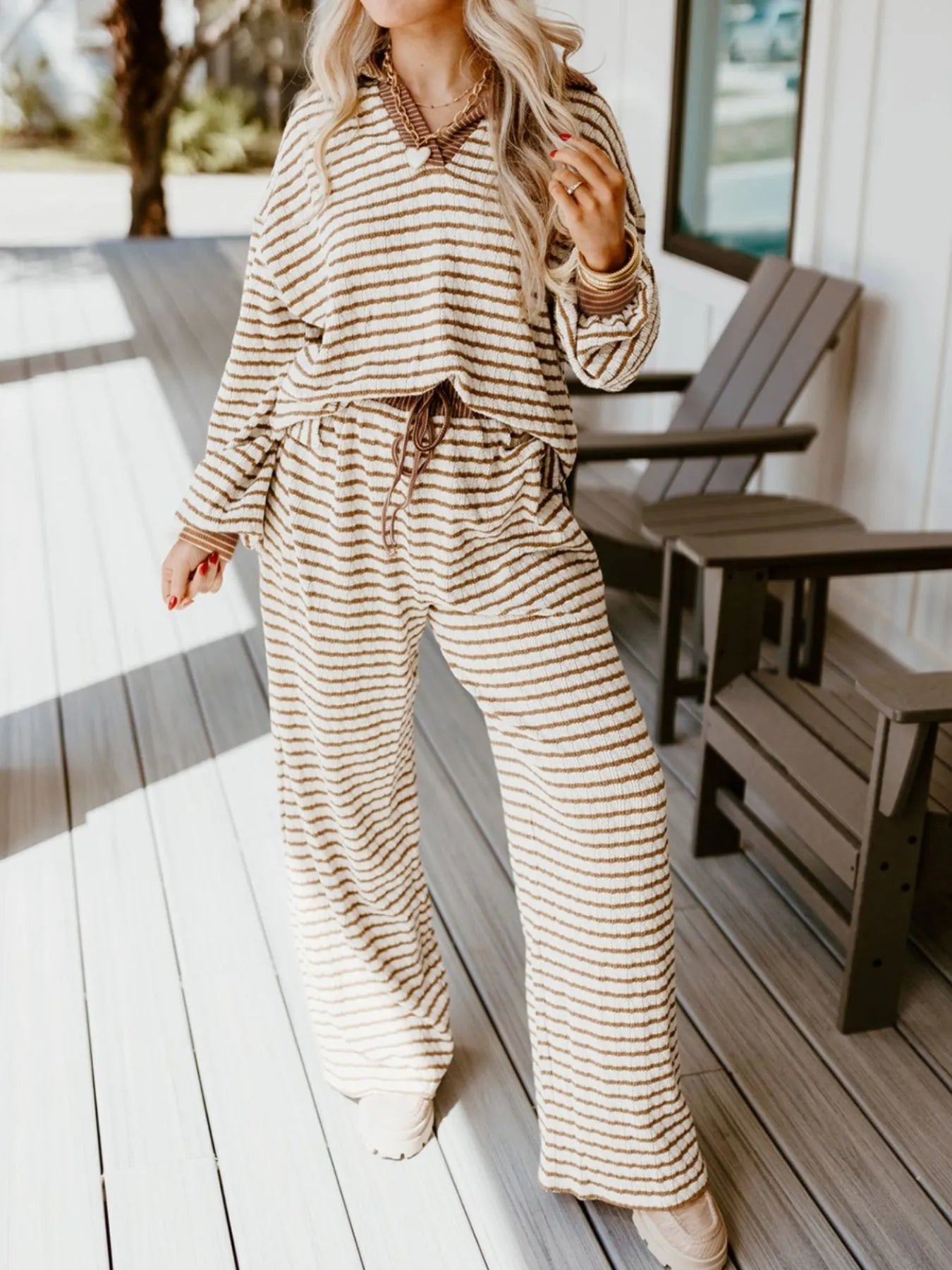 Stripe Collared Top and Drawstring Pant Set - Salt & Stone