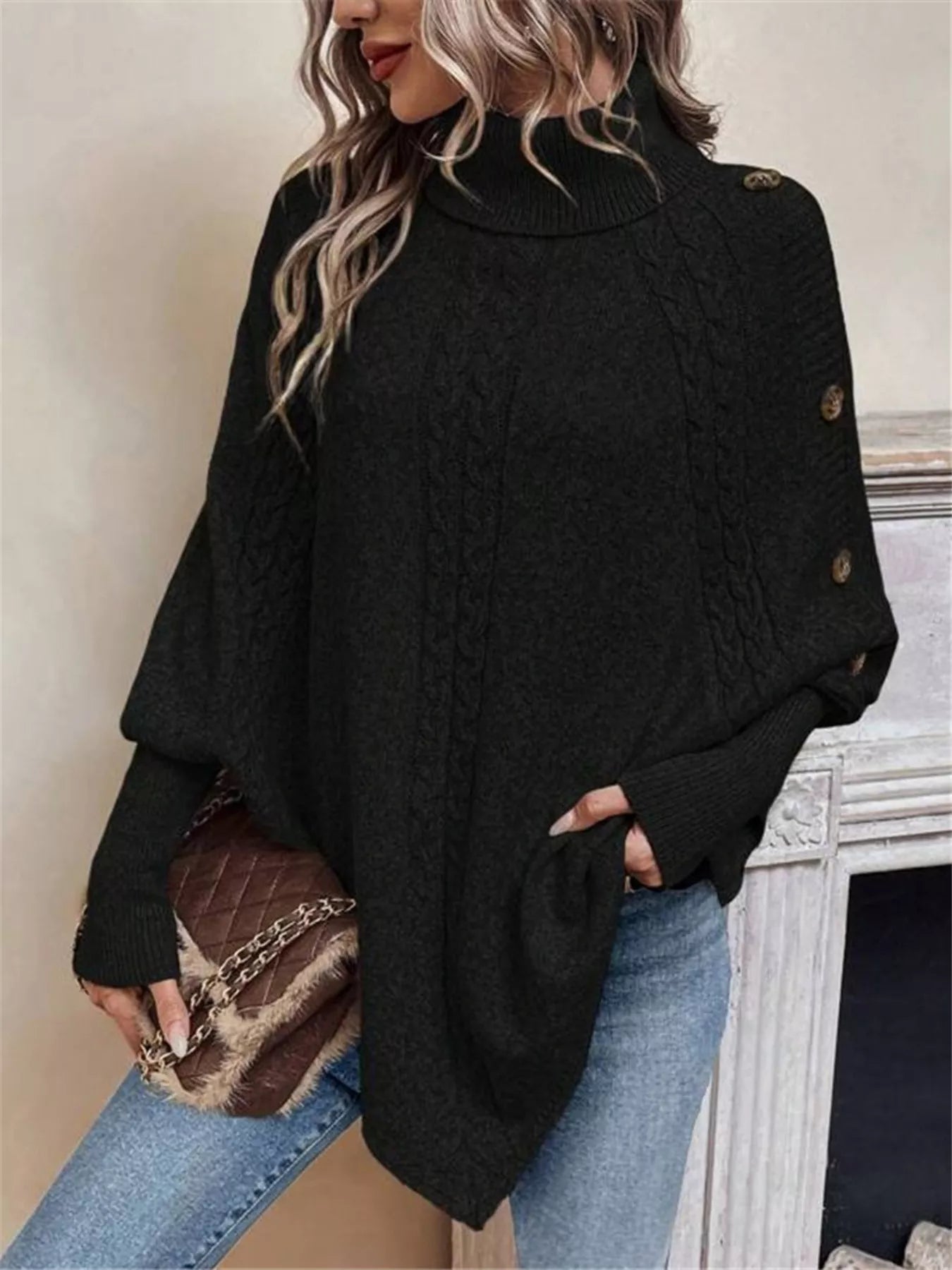 Cable Knit Turtleneck Cape Sweater - Salt & Stone