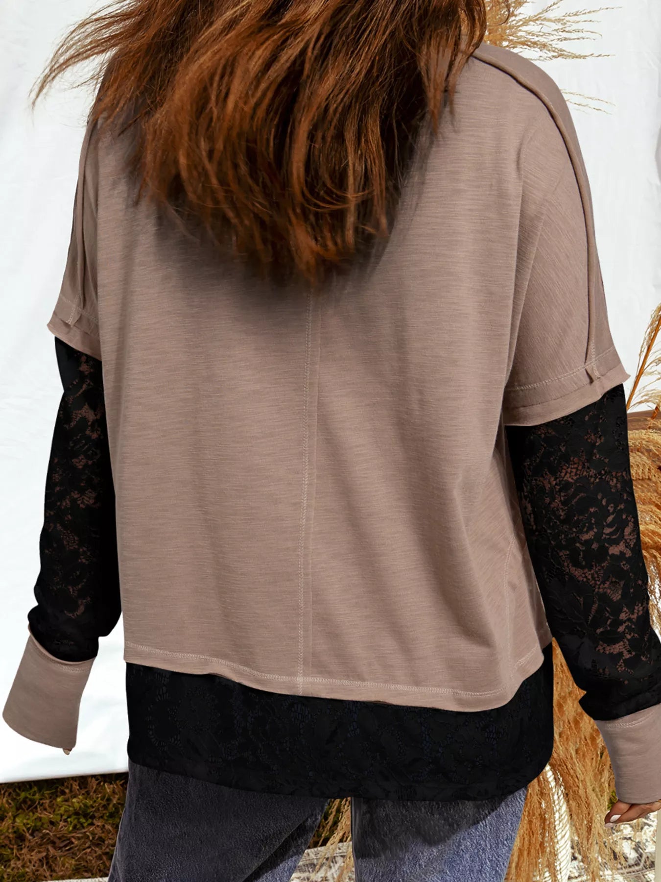 Sheer Lace Patchwork Casual Long Sleeve Tee - Salt & Stone