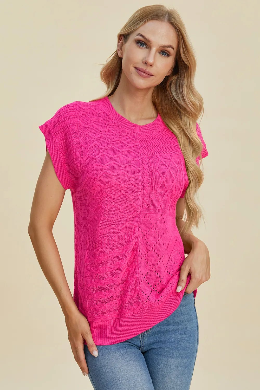 Double Take Full Size Cable - Knit Round Neck Cap Sleeve Sweater - Salt & Stone