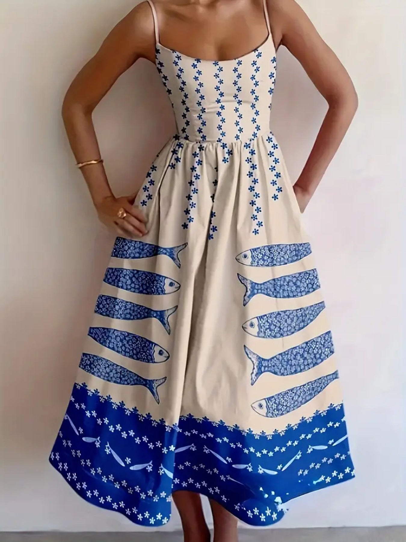 Sardine Print Spaghetti Strap Midi Dress - Salt & Stone
