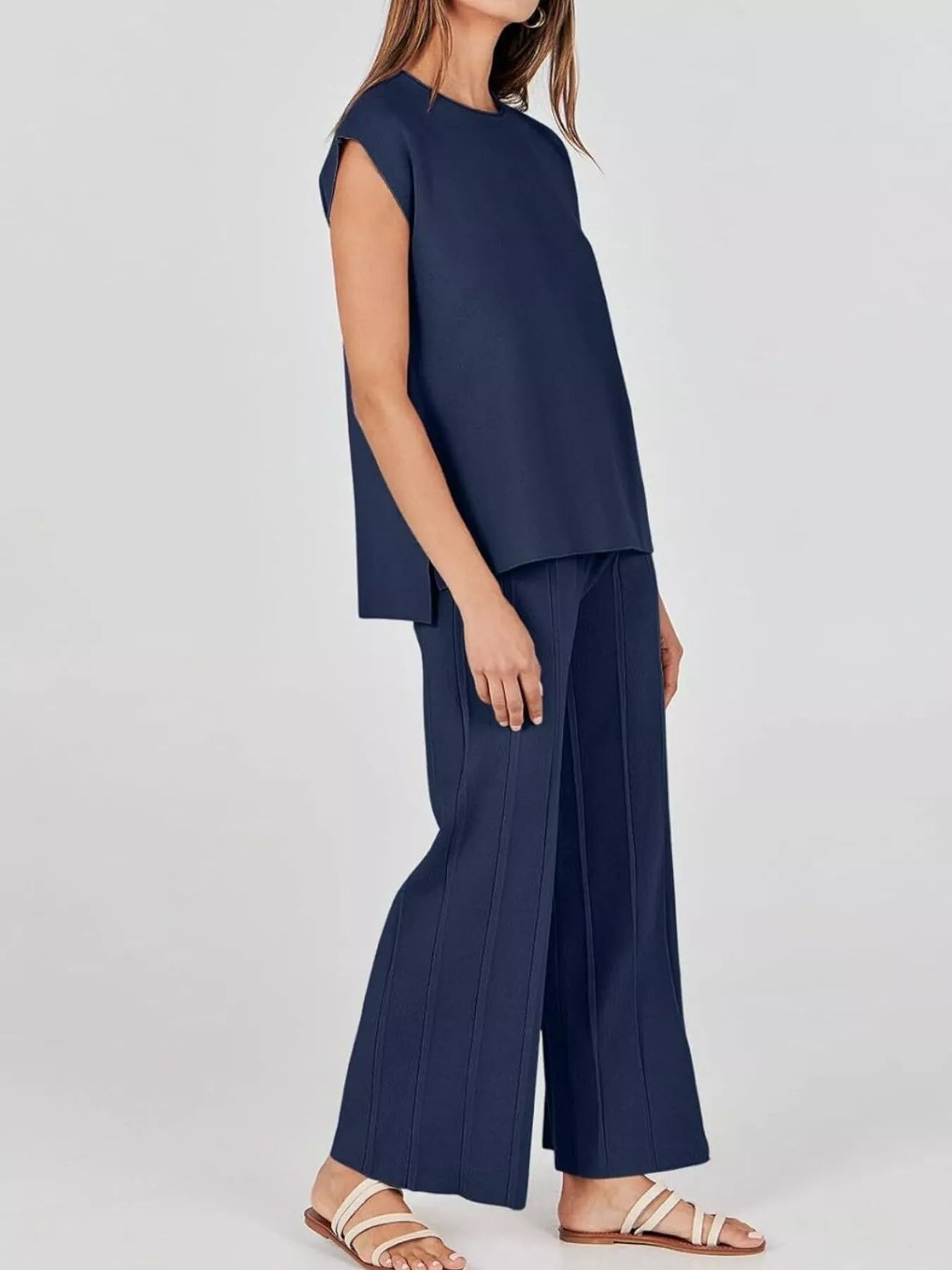 Casual Solid Color Cap Sleeve Top and Pants Knit Set - Salt & Stone