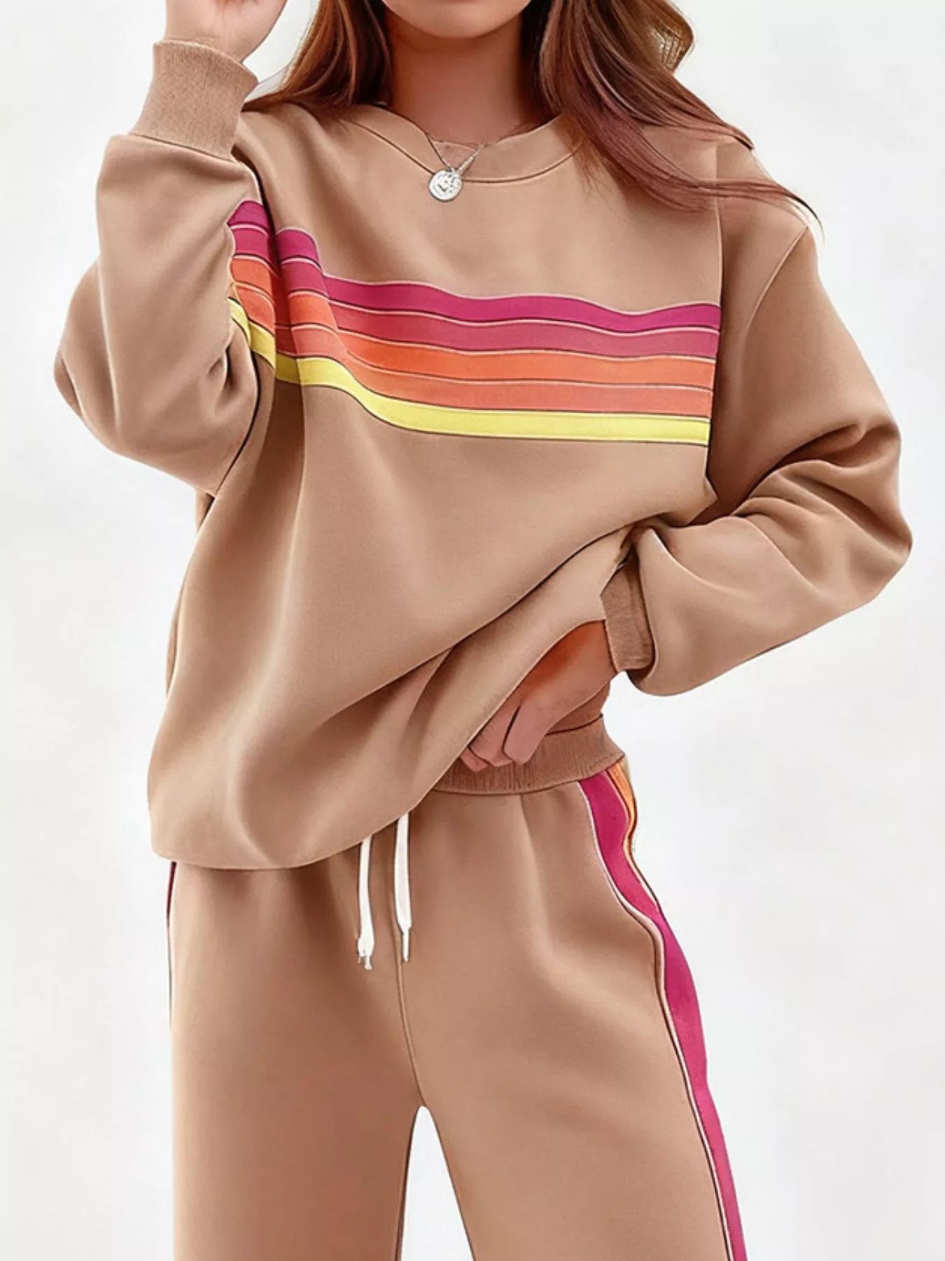 Striped Round Neck Sweatshirt and Pants Set - Salt & Stone