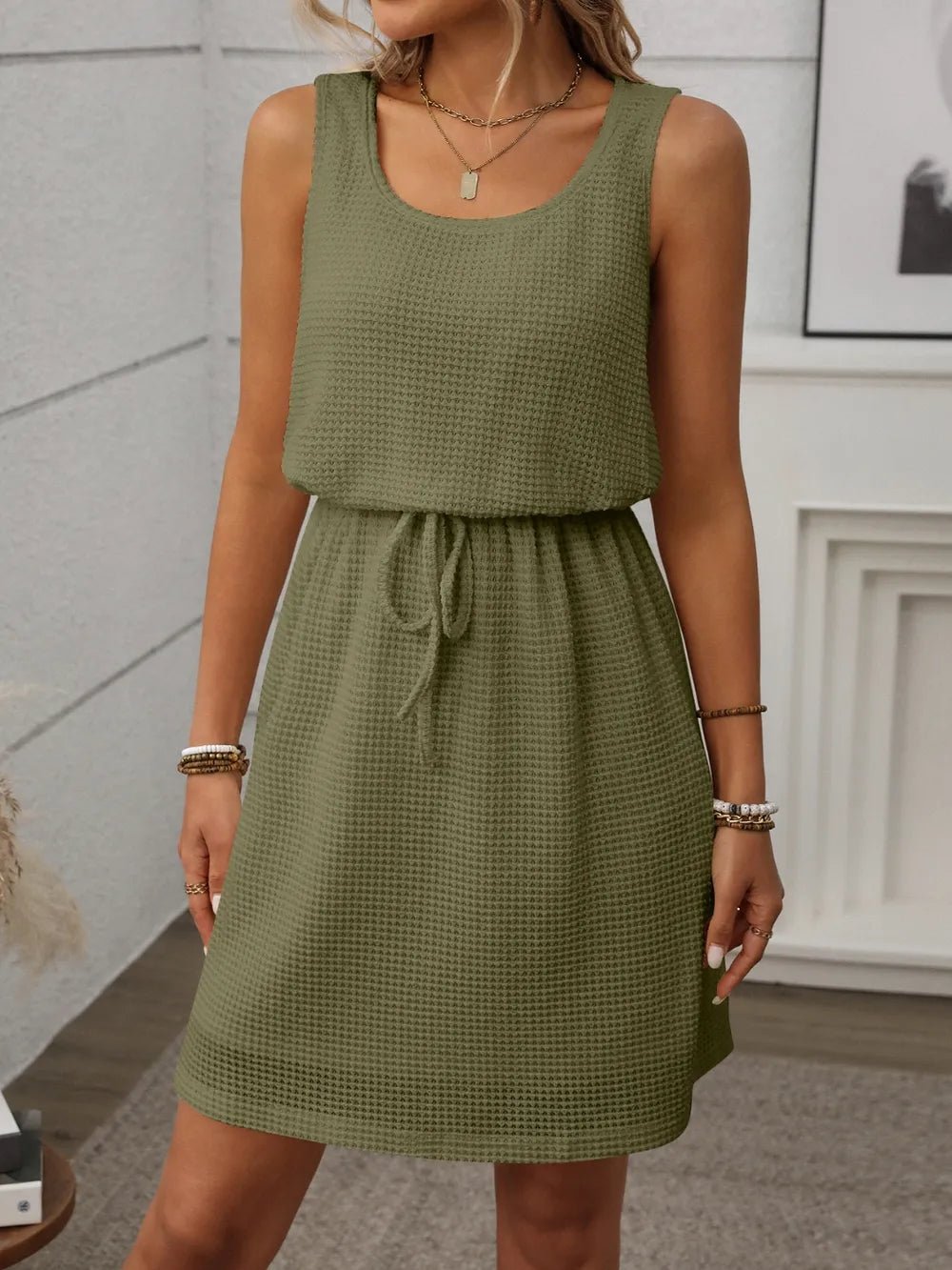 Waffle - Knit Drawstring Mini Tank Dress - Salt & Stone
