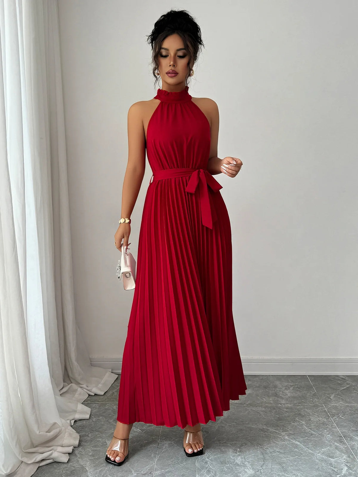 Pleated Halter Neck Tie Waist Maxi Dress - Salt & Stone